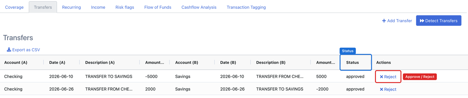 DocuClipper Transfers view pairing a 5,000 transfer from checking to savings and a 2,000 transfer back, each marked approved with a Reject action
