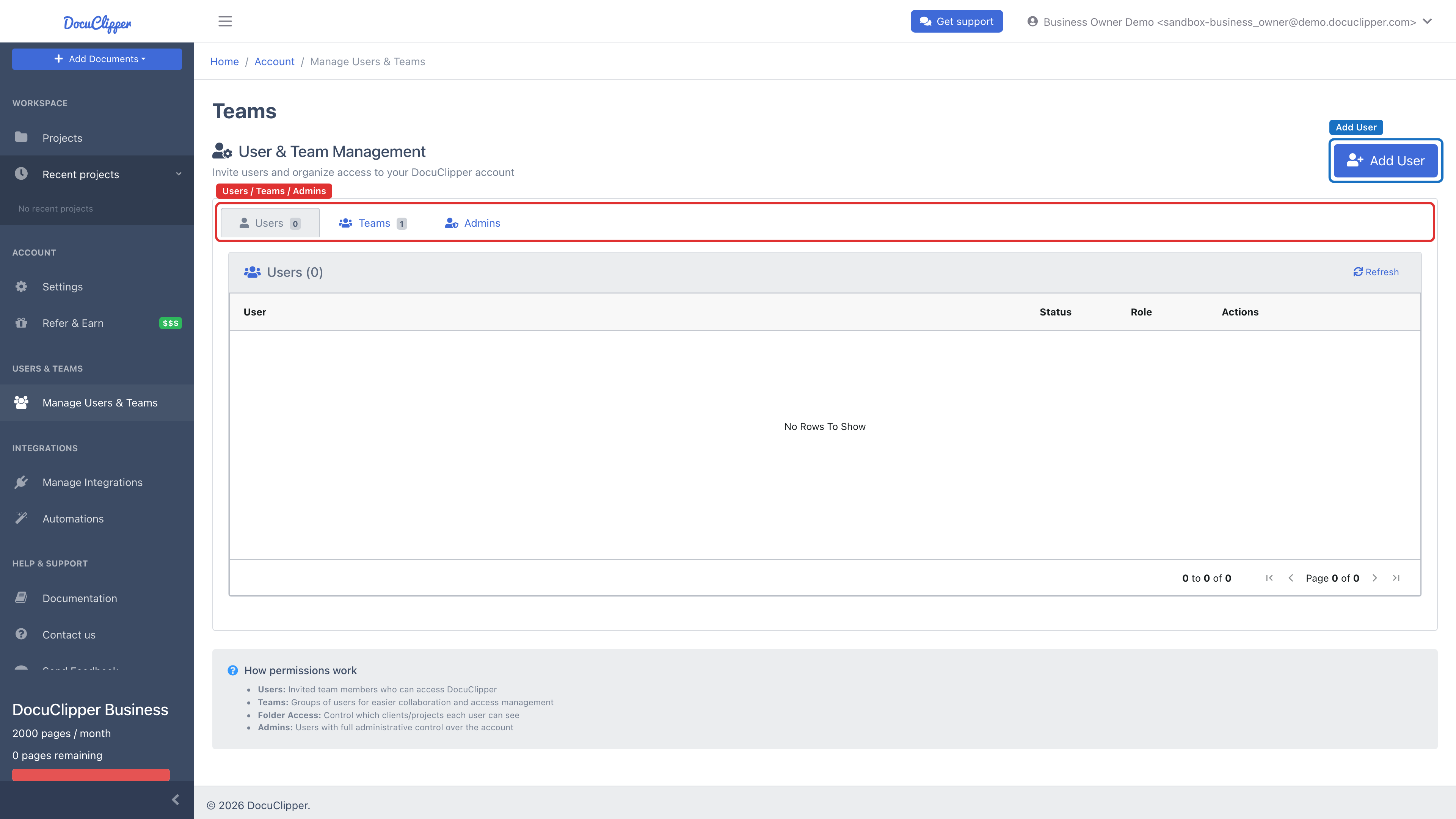 Manage Users & Teams page showing the Users, Teams, and Admins tabs and the Add User button