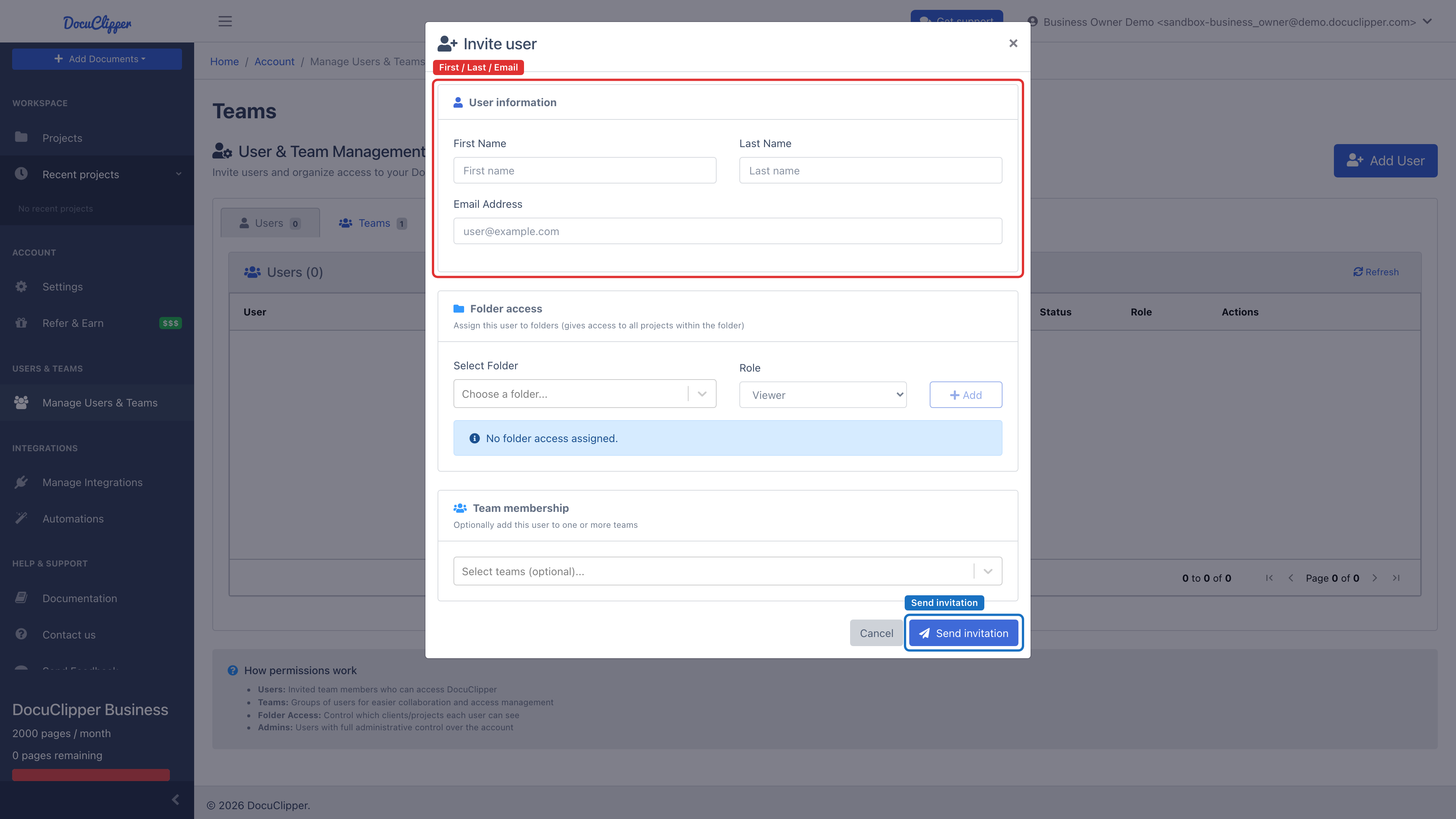 Invite user modal with First Name, Last Name, and Email fields and the Send invitation button