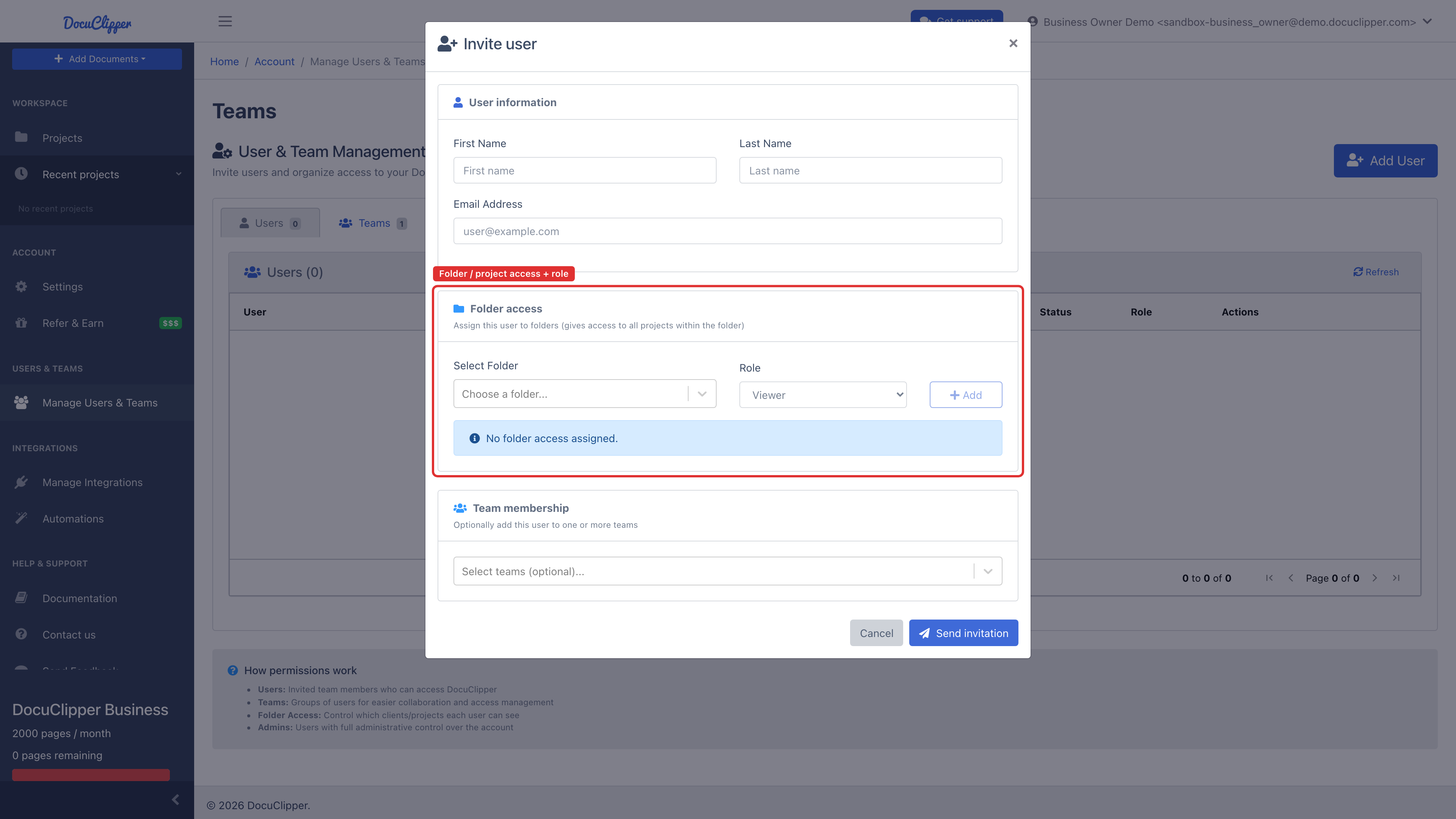 Folder and project access section of the invite dialog, with a folder picker and a Viewer/Contributor/Editor/Admin role selector