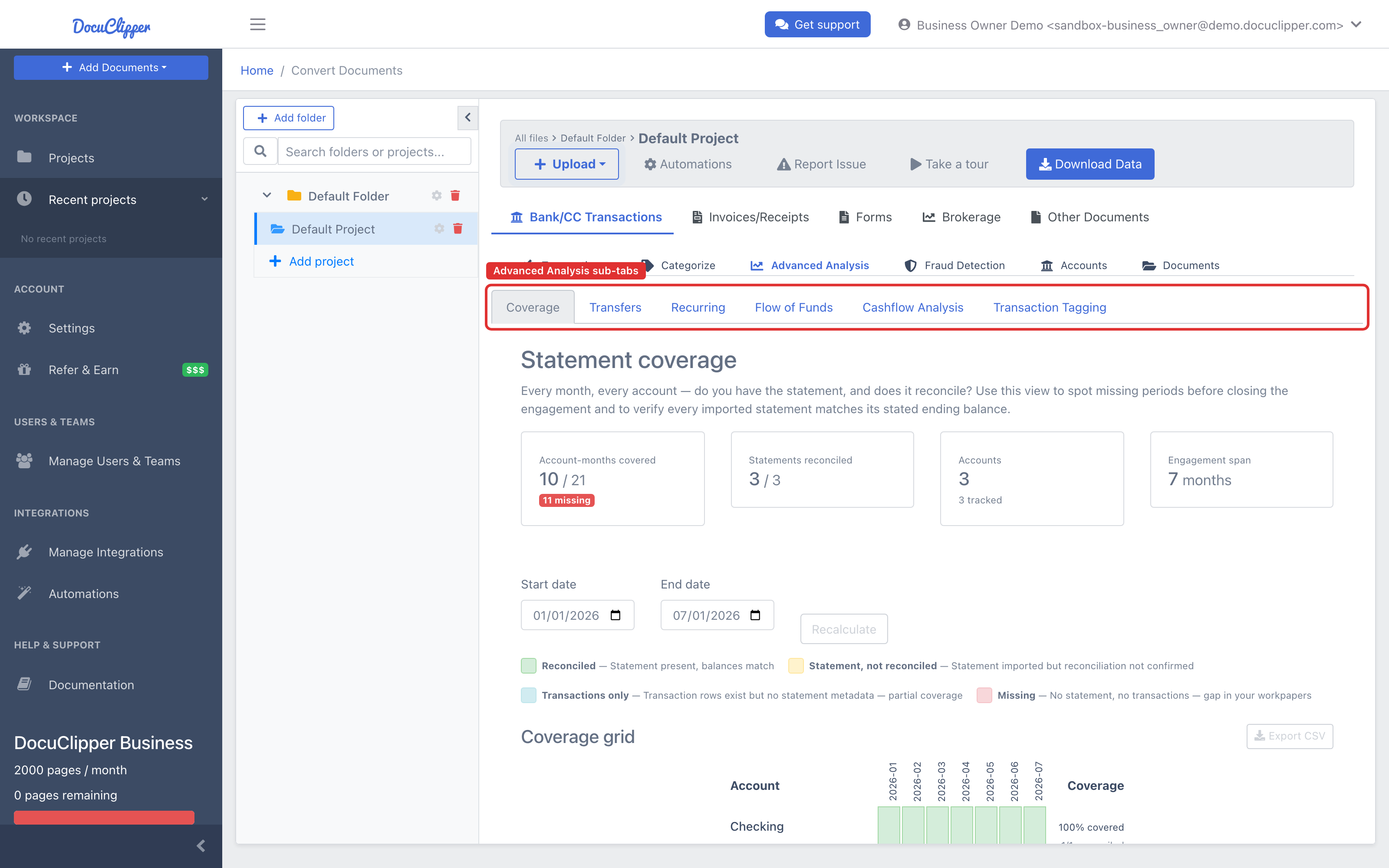 The Advanced Analysis sub-tab row: Coverage, Transfers, Recurring, Flow of Funds, Cashflow Analysis, and Transaction Tagging