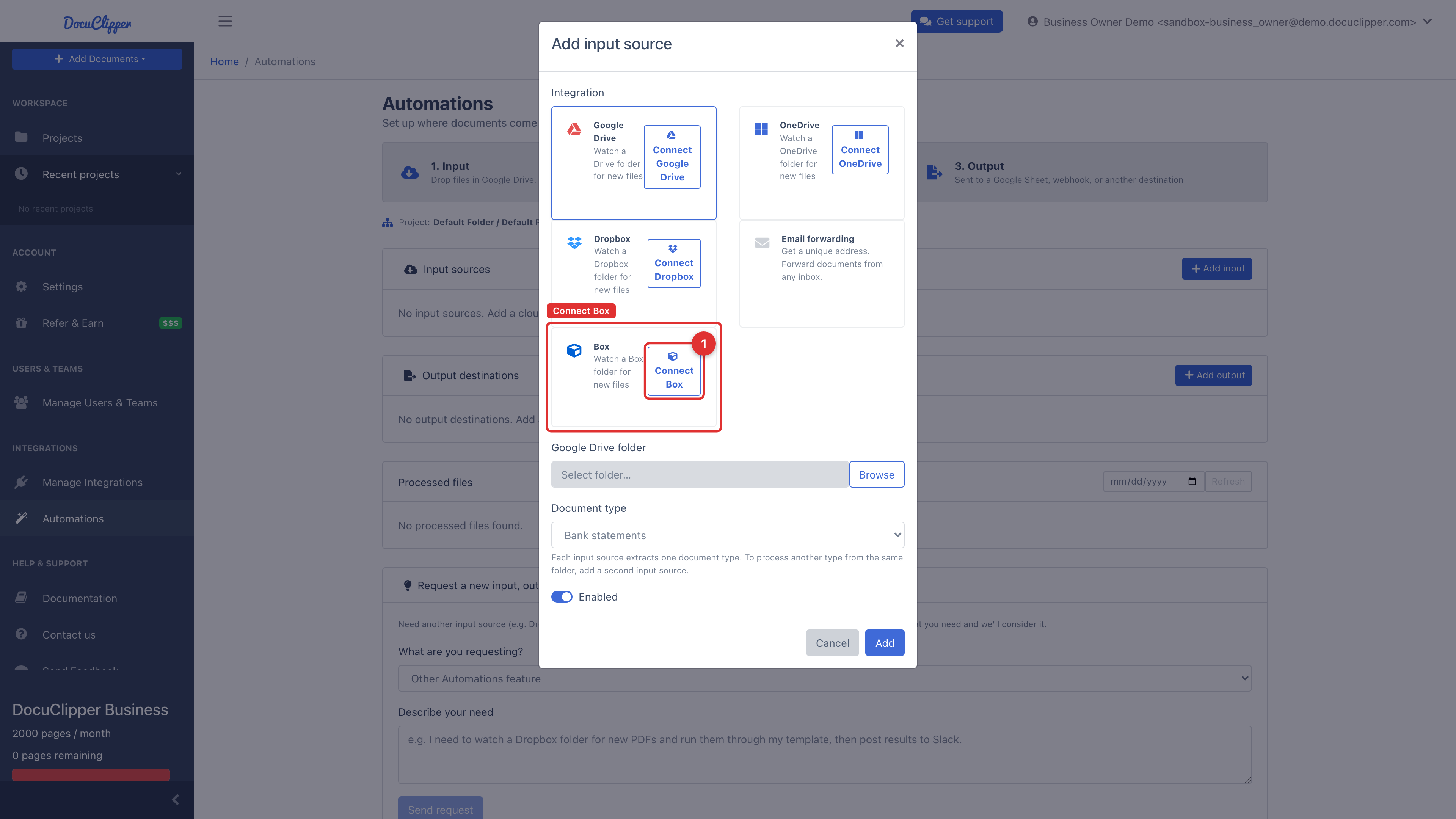 Add input source modal with the Box card and its Connect Box button highlighted