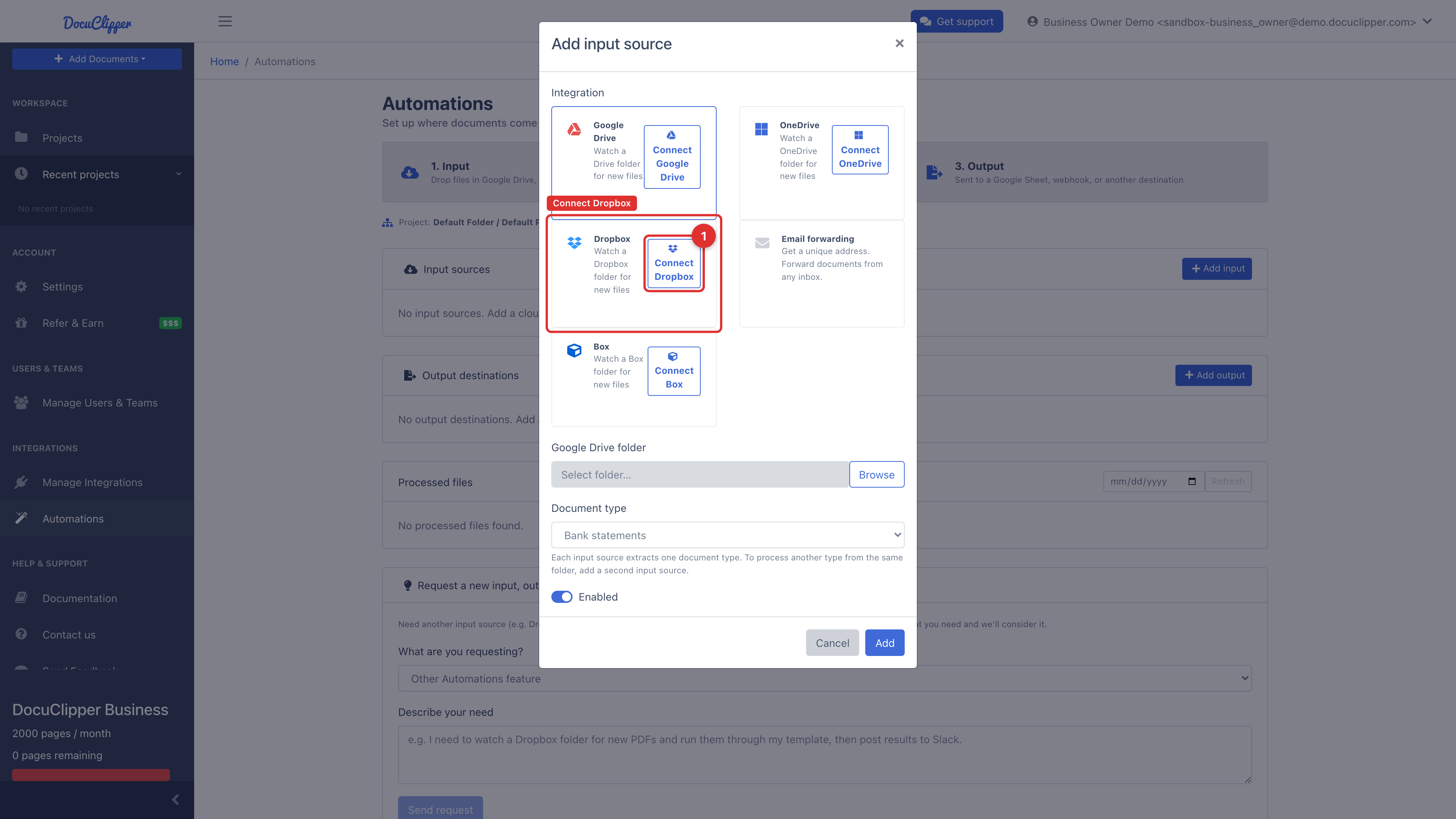 Add input source modal with the Dropbox card and its Connect Dropbox button highlighted