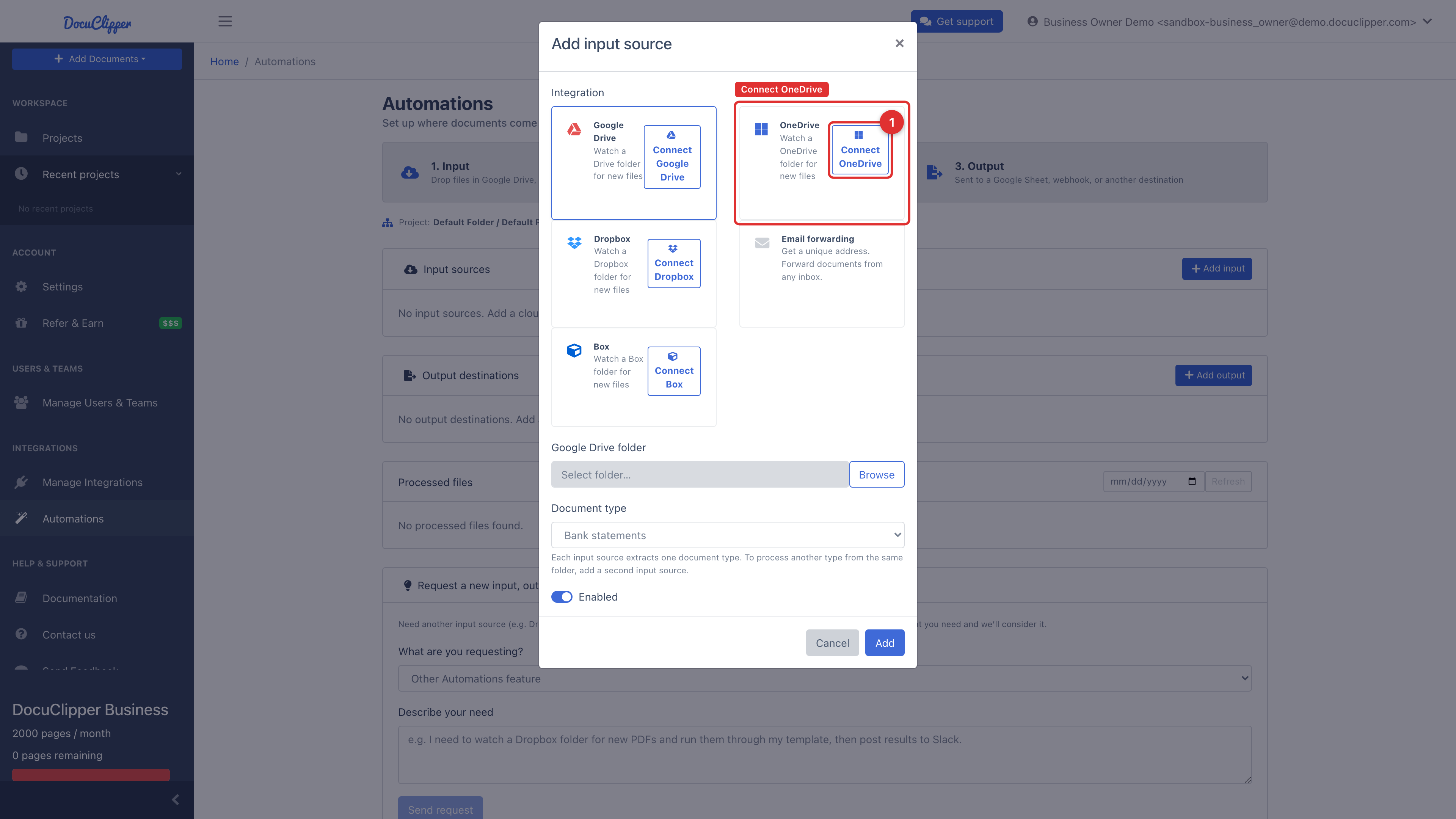 Add input source modal with the OneDrive card and its Connect OneDrive button highlighted