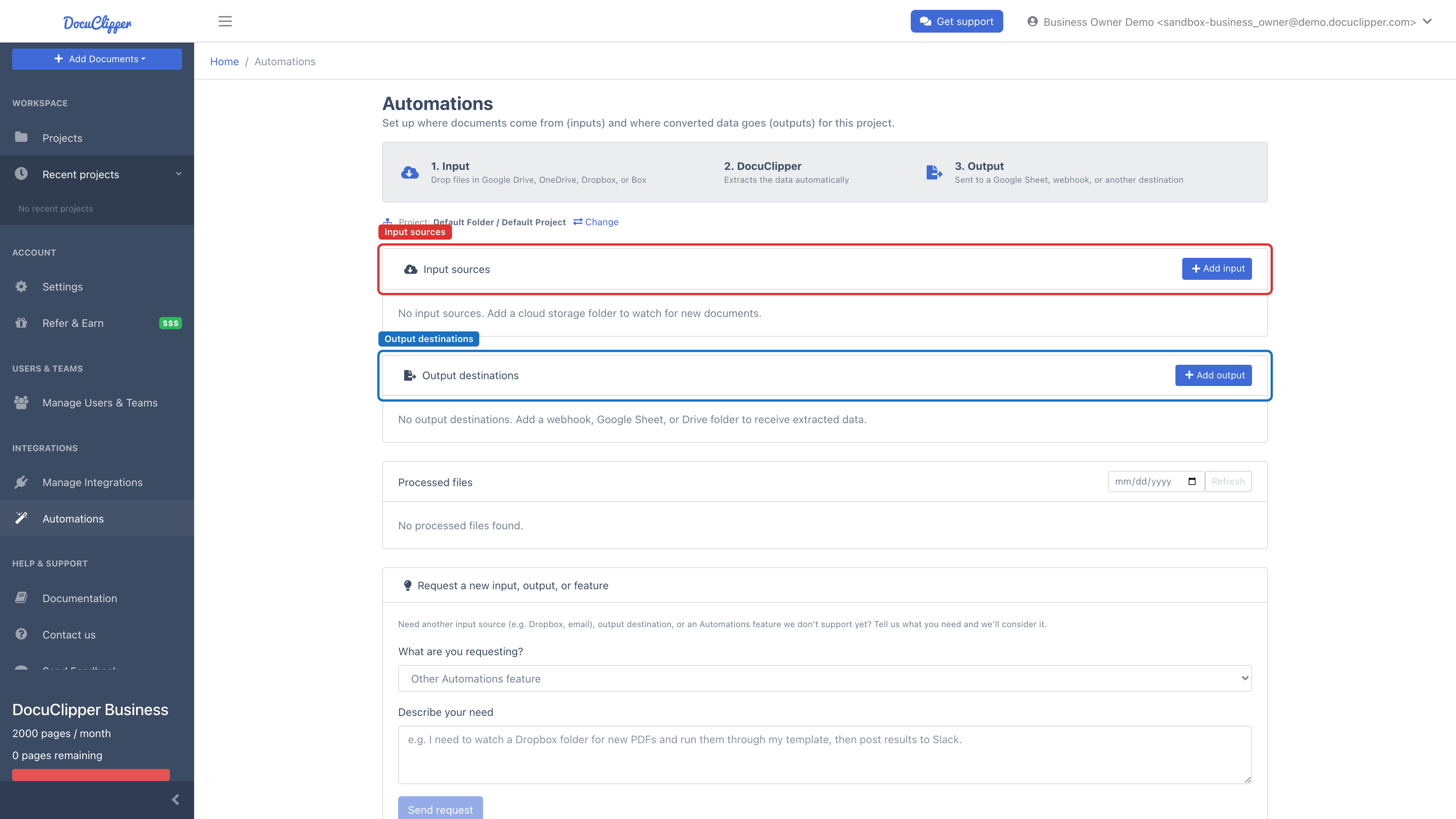 Automations page showing the Input sources and Output destinations cards for the selected project