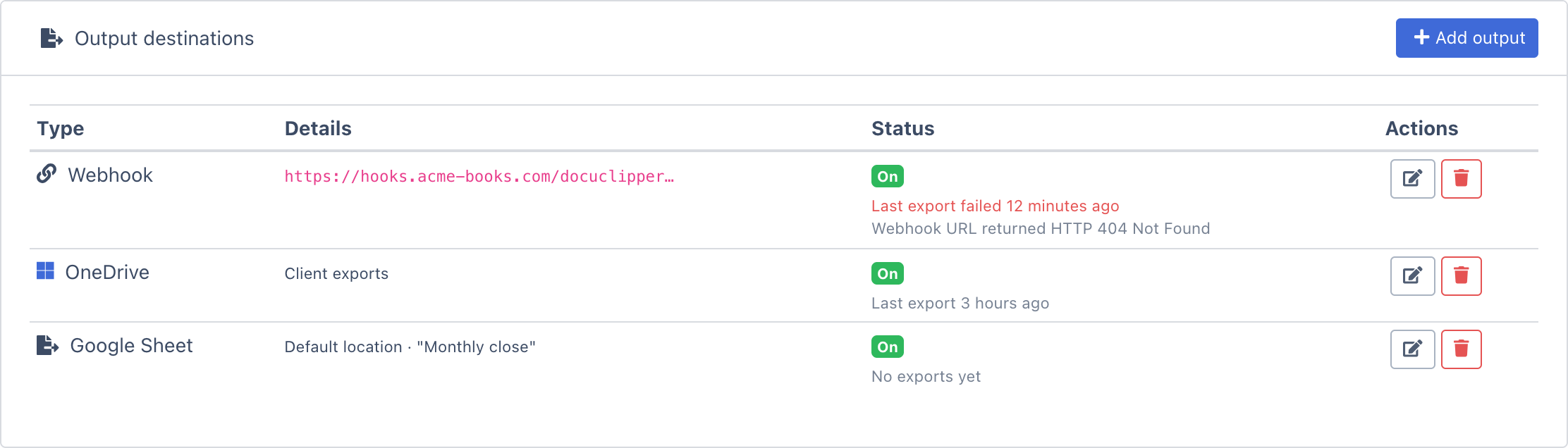Output destinations table where each output's Status column shows its last export: a webhook whose last export failed 12 minutes ago because the webhook URL returned HTTP 404 Not Found, a OneDrive folder delivered 3 hours ago, and a Google Sheet with no exports yet