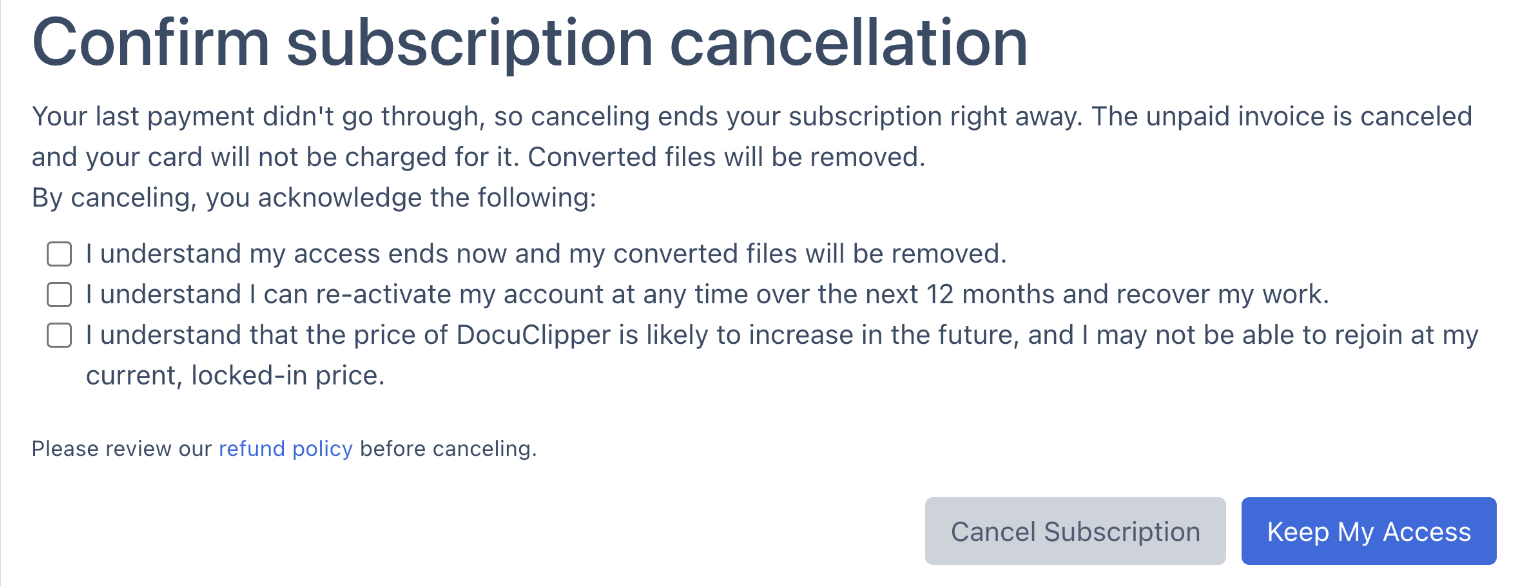 Confirm subscription cancellation dialog for a past-due plan, saying canceling ends the subscription right away and the unpaid invoice is canceled