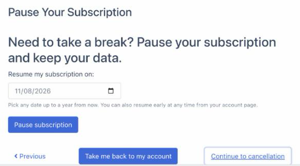 Pause Your Subscription step with the resume date picker and the Pause subscription button