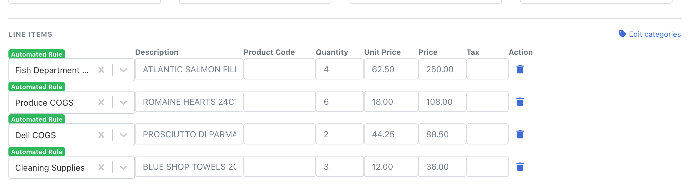 The Line Items table of an extracted supplier invoice in DocuClipper. Each row's Category field is a dropdown filled in from the project's QuickBooks Desktop accounts — Fish Department COGS for the Atlantic salmon line, Produce COGS for romaine hearts, Deli COGS for prosciutto, Cleaning Supplies for shop towels — each marked with a green "Automated Rule" badge