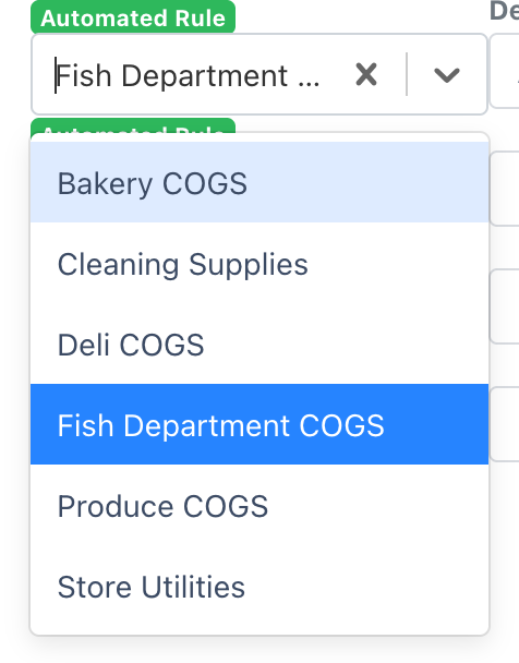 The Category field on an invoice line opened as a dropdown, listing the project's saved accounts — Bakery COGS, Cleaning Supplies, Deli COGS, Fish Department COGS, Produce COGS and Store Utilities — with Fish Department COGS highlighted as the current selection