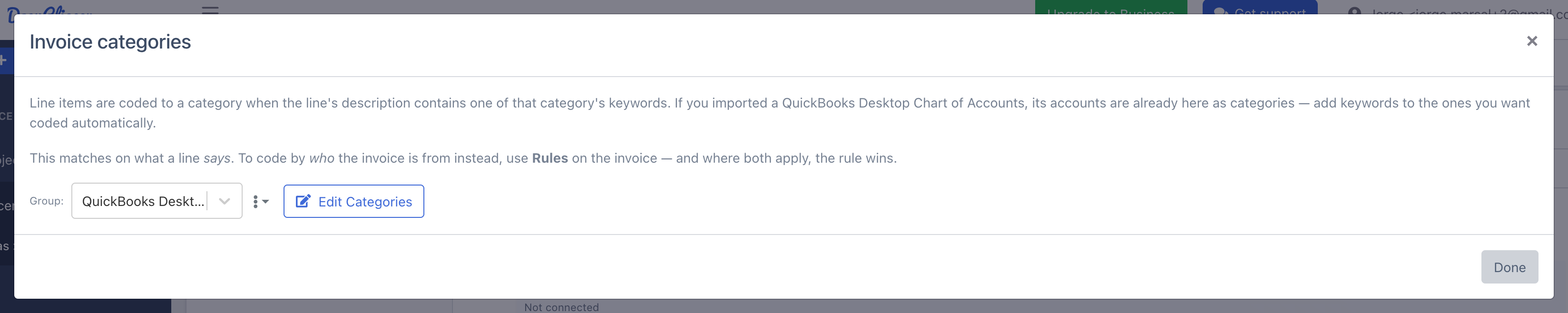 The Invoice categories dialog in DocuClipper, explaining that line items are coded when the line's description contains one of a category's keywords, with a Group selector set to "QuickBooks Desktop Accounts" and an Edit Categories button