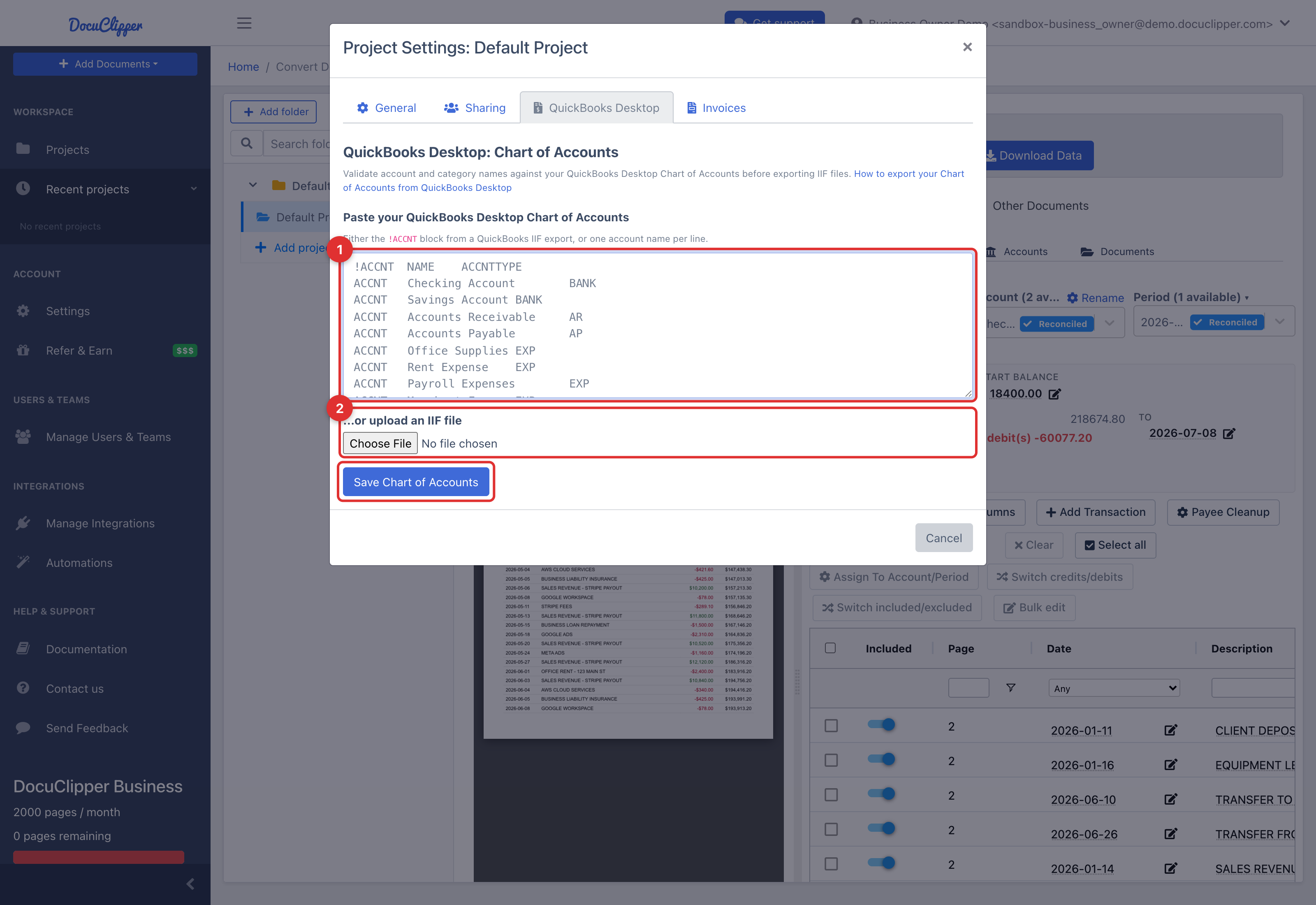 Project Settings, QuickBooks Desktop tab: the Chart of Accounts panel with an !ACCNT block pasted into the textarea, the "or upload an IIF file" picker, and the Save Chart of Accounts button