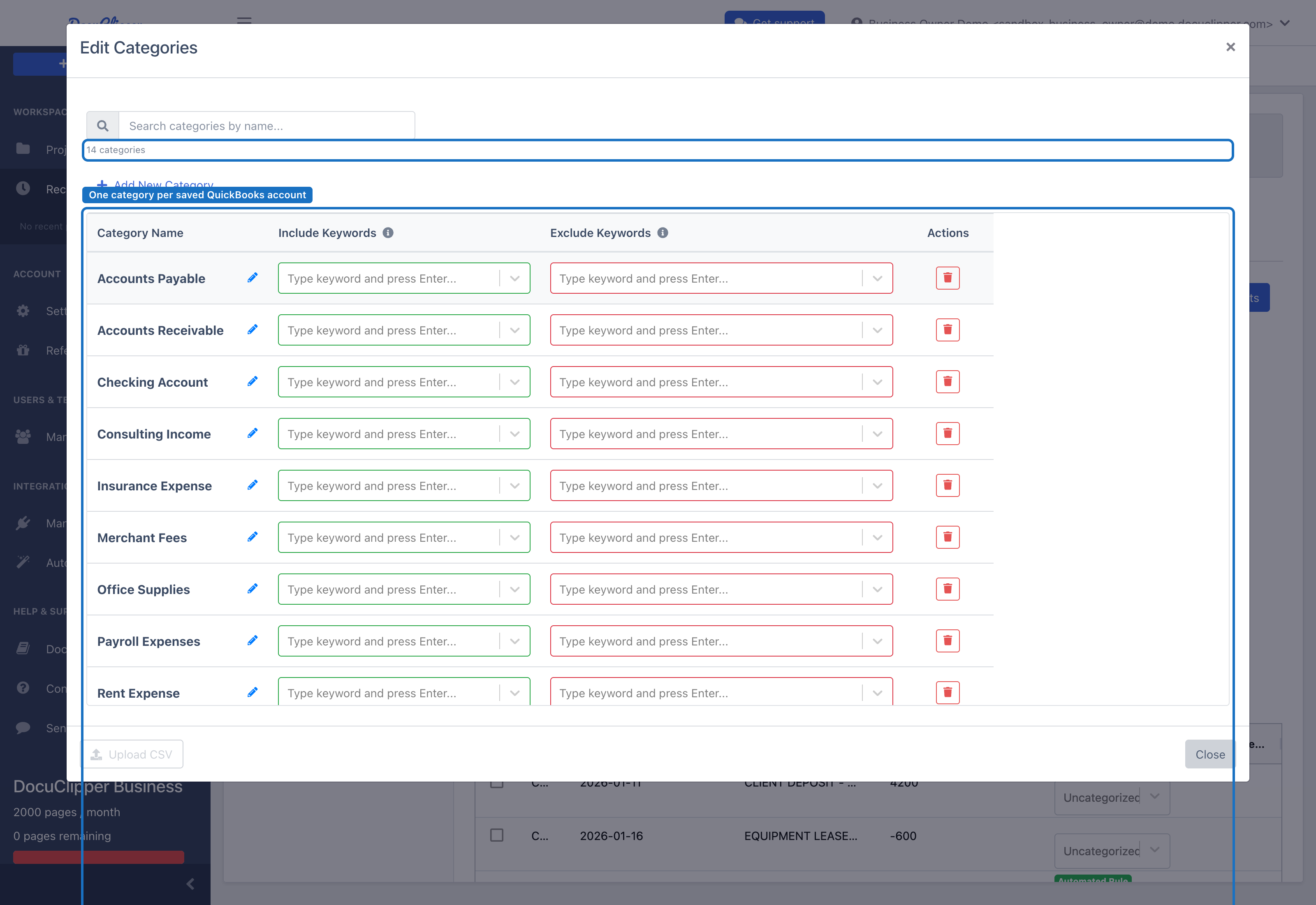 The QuickBooks Desktop Accounts group open in Edit Categories, listing one category per saved account — Accounts Payable, Accounts Receivable, Checking Account, Consulting Income, and so on — with the Include Keywords column empty (no vendors added yet)