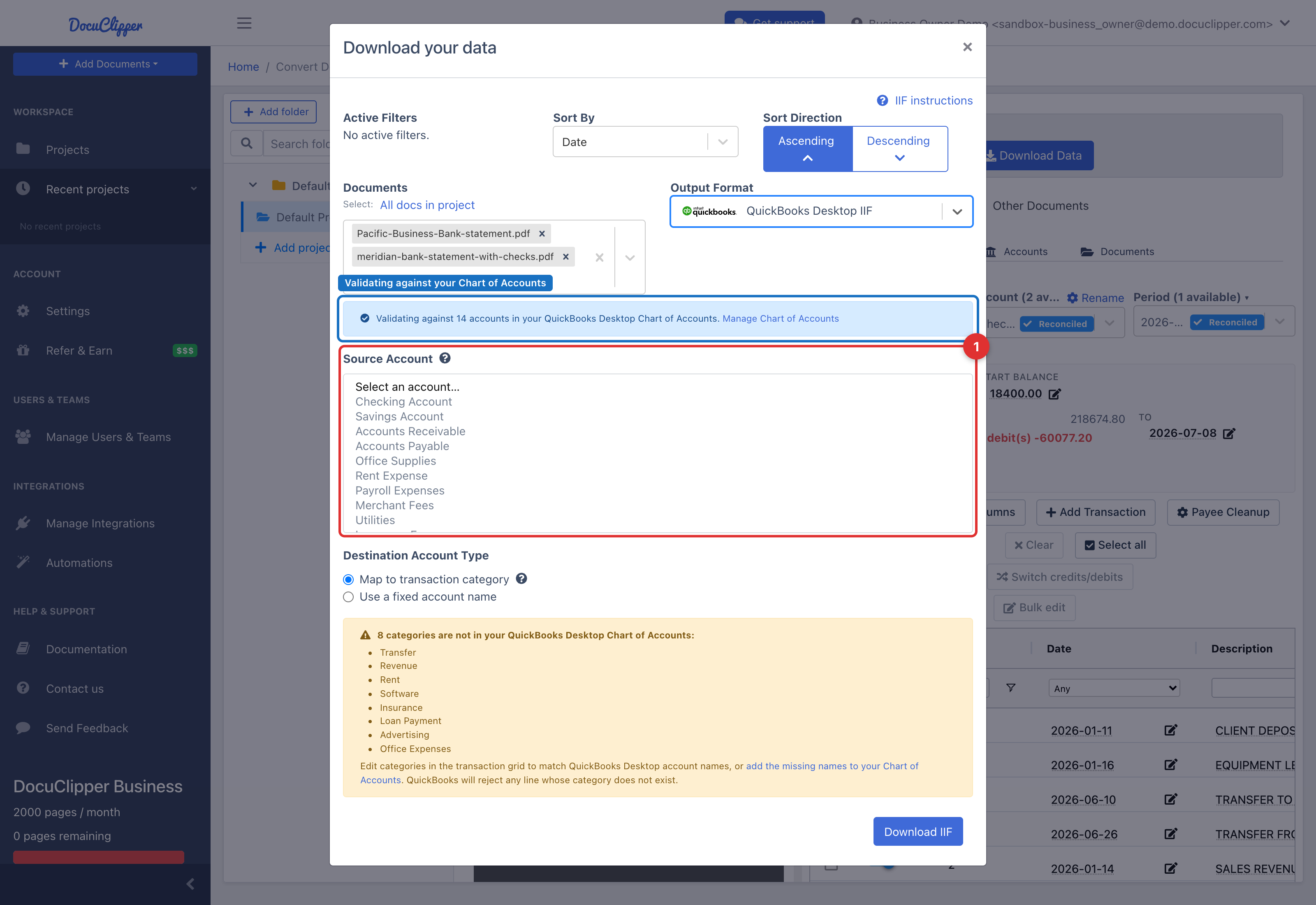 The Download your data panel with QuickBooks Desktop IIF selected: the "Validating against 14 accounts in your QuickBooks Desktop Chart of Accounts" banner, the Source Account field as a dropdown populated from the saved accounts, and the Destination Account Type radio options