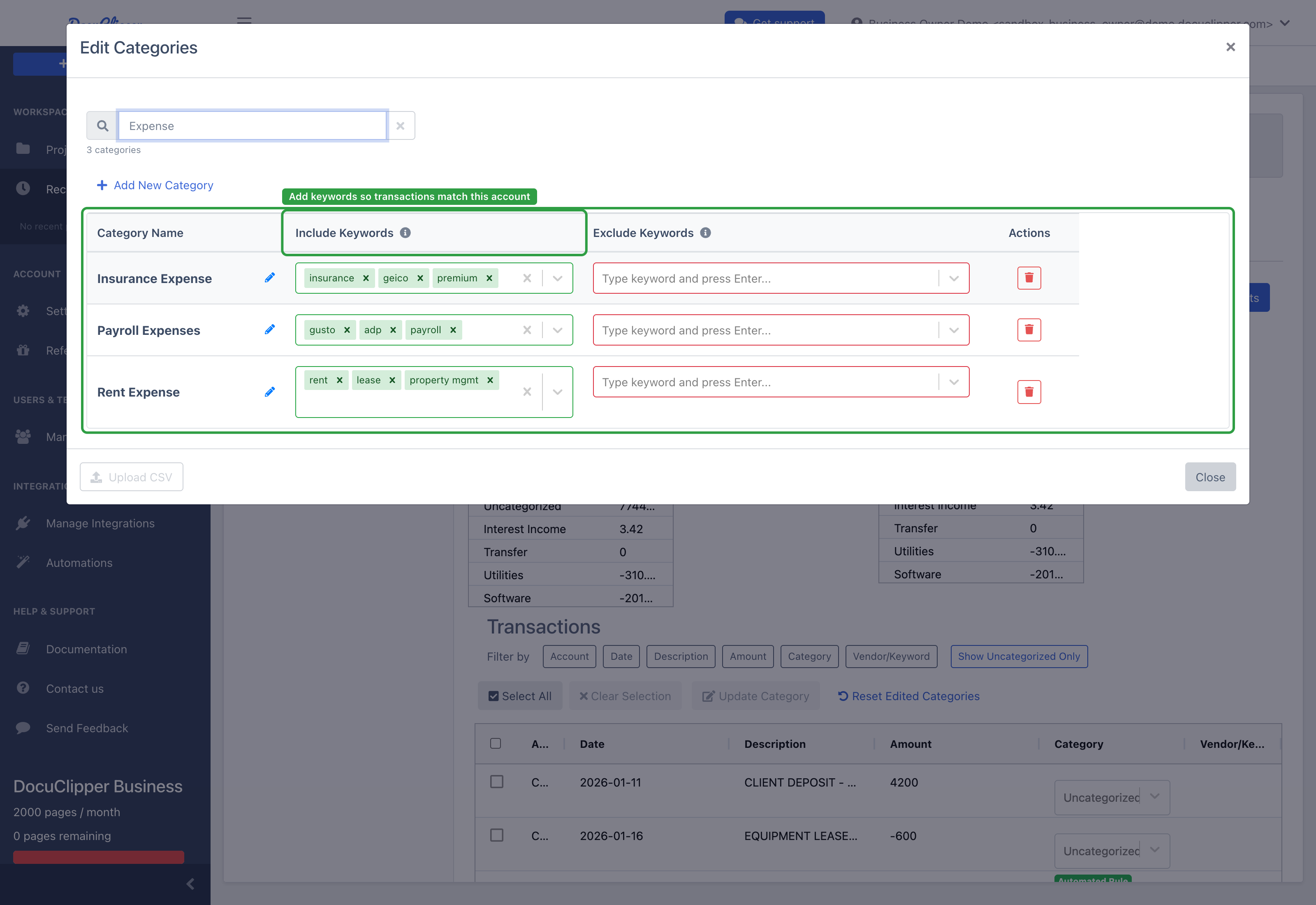 The Edit Categories view for the QuickBooks Desktop Accounts group, filtered to the expense accounts, showing vendor chips added to the Include Keywords column for Insurance Expense, Payroll Expenses, and Rent Expense