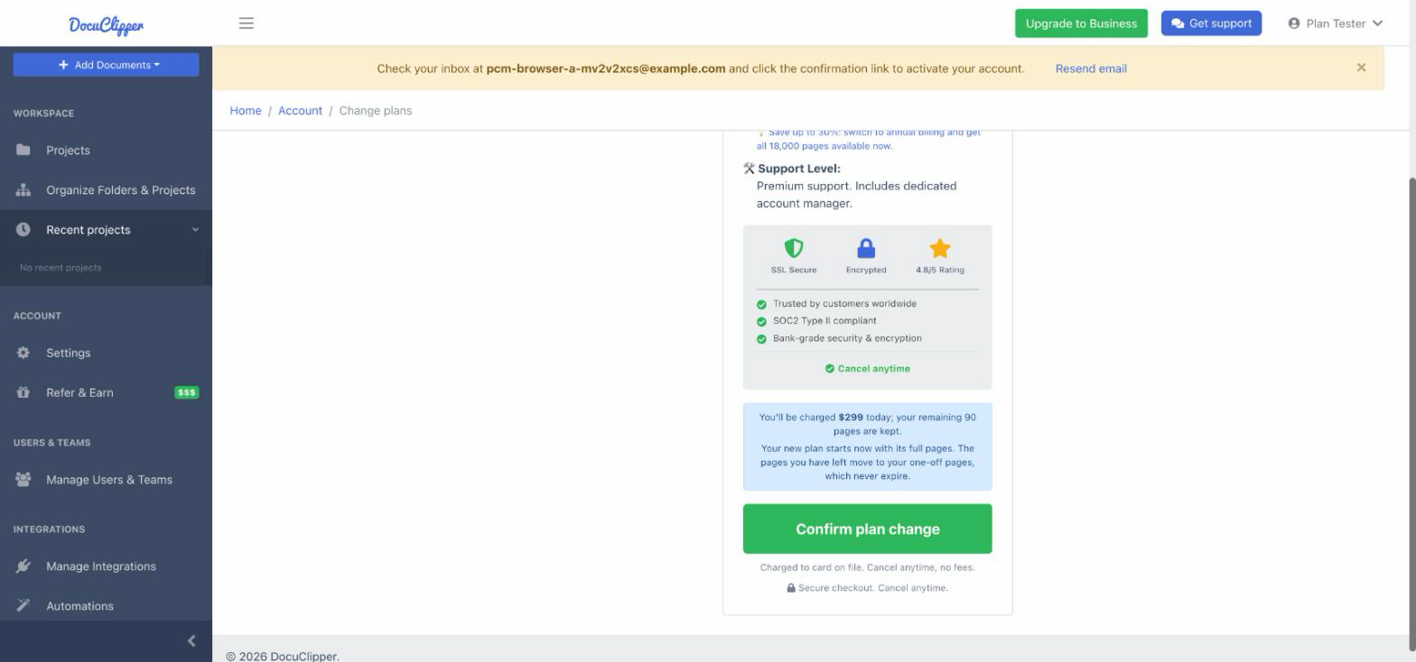 Plan summary for an upgrade showing the charge today and that the remaining pages are kept, above the Confirm plan change button