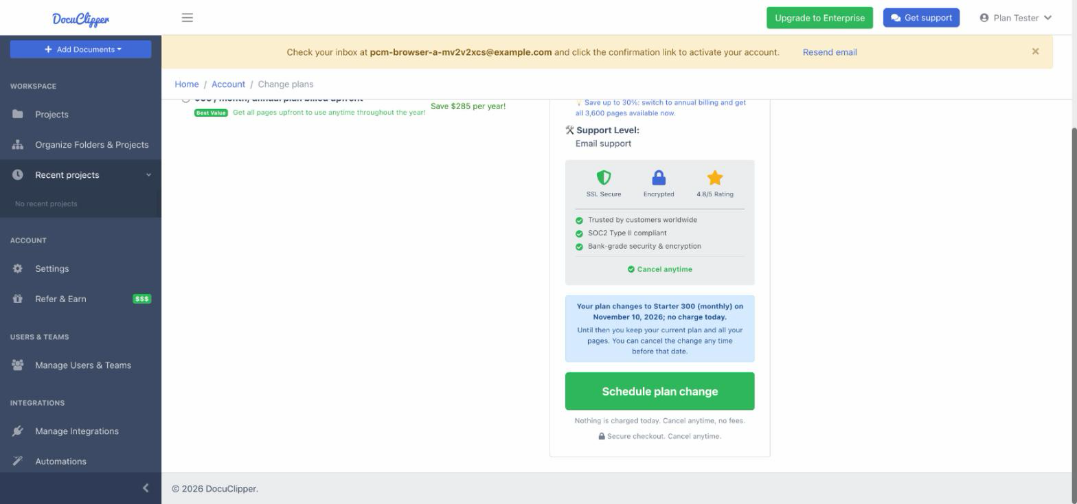 Plan summary for a downgrade saying the plan changes on a date with no charge today, above the Schedule plan change button