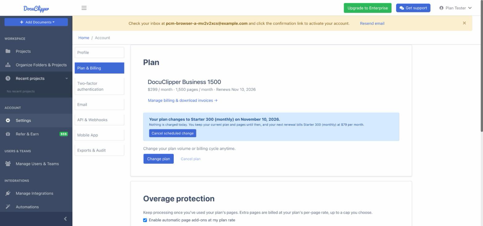 Plan card with a banner showing the scheduled plan change, its date and the Cancel scheduled change button