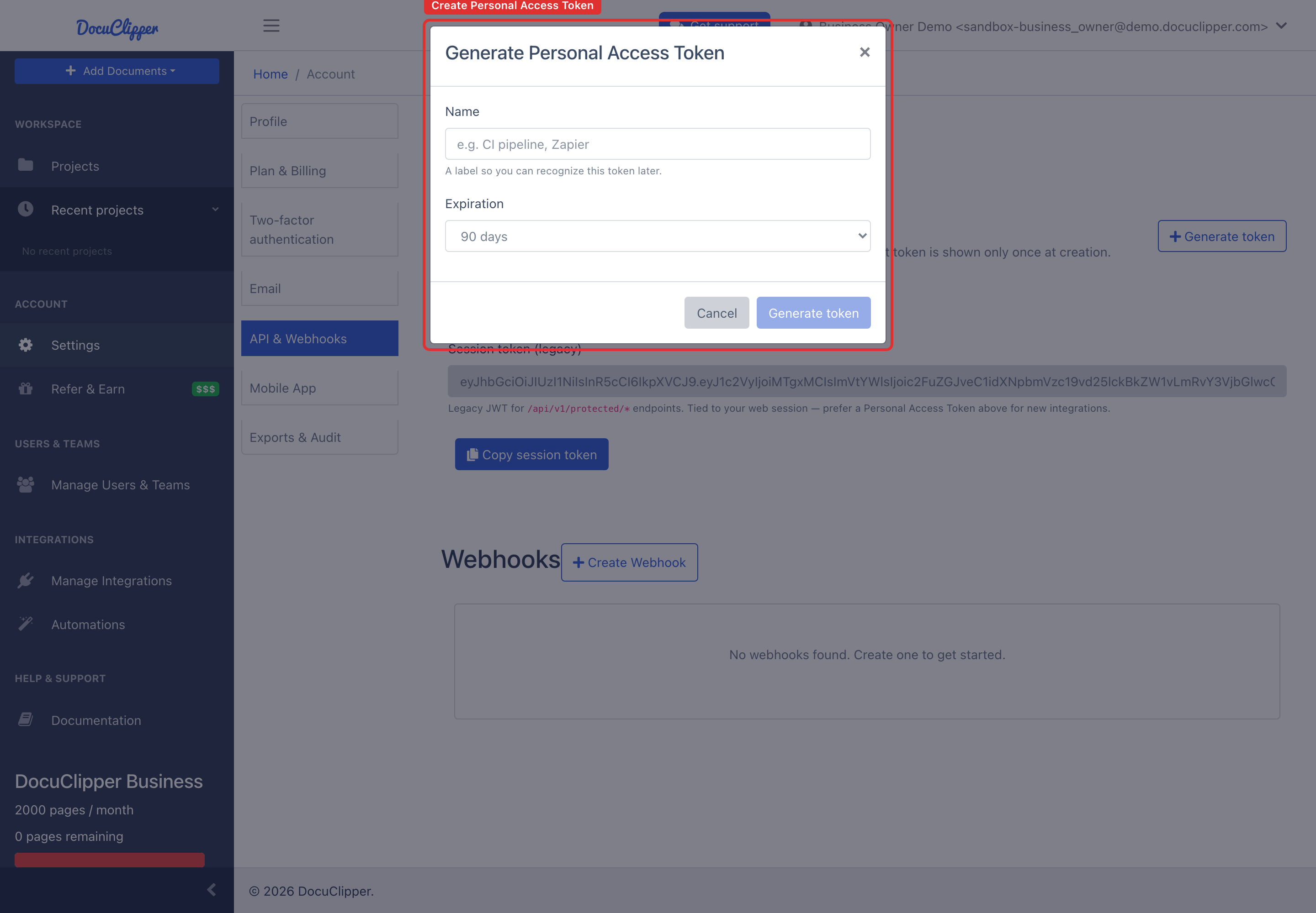 Settings → API & Webhooks page with the Create Personal Access Token panel open