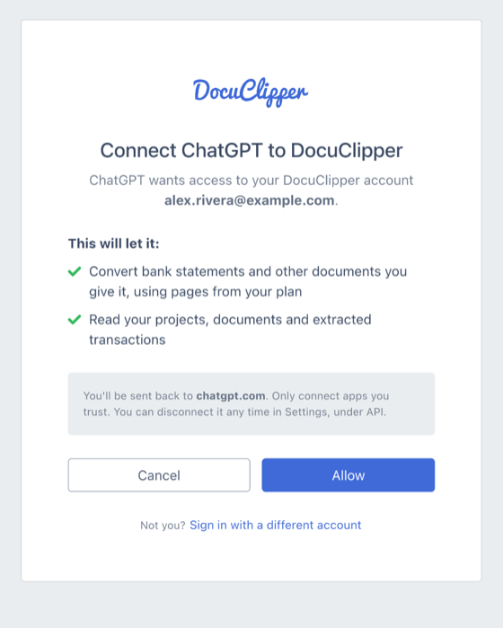 The DocuClipper consent screen: "Connect ChatGPT to DocuClipper", the account it will connect to, the two things ChatGPT will be able to do, a note that you'll be sent back to chatgpt.com, and the Cancel and Allow buttons