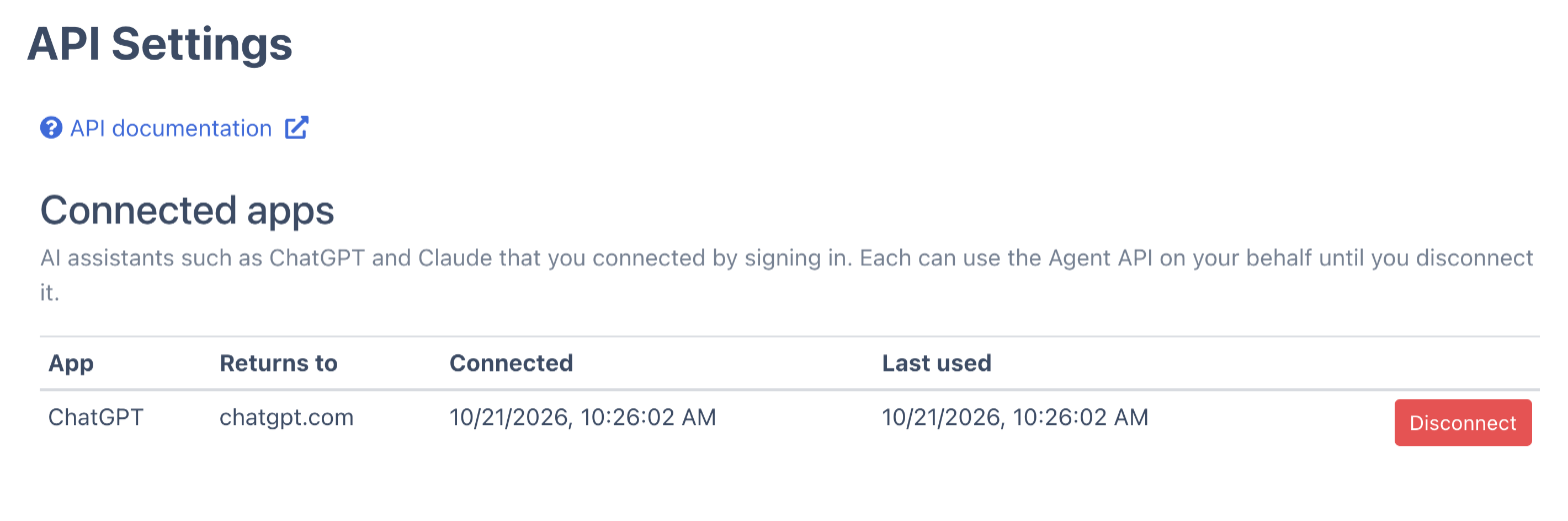 Connected apps in DocuClipper's API settings, listing ChatGPT returning to chatgpt.com with its connected and last-used times and a Disconnect button