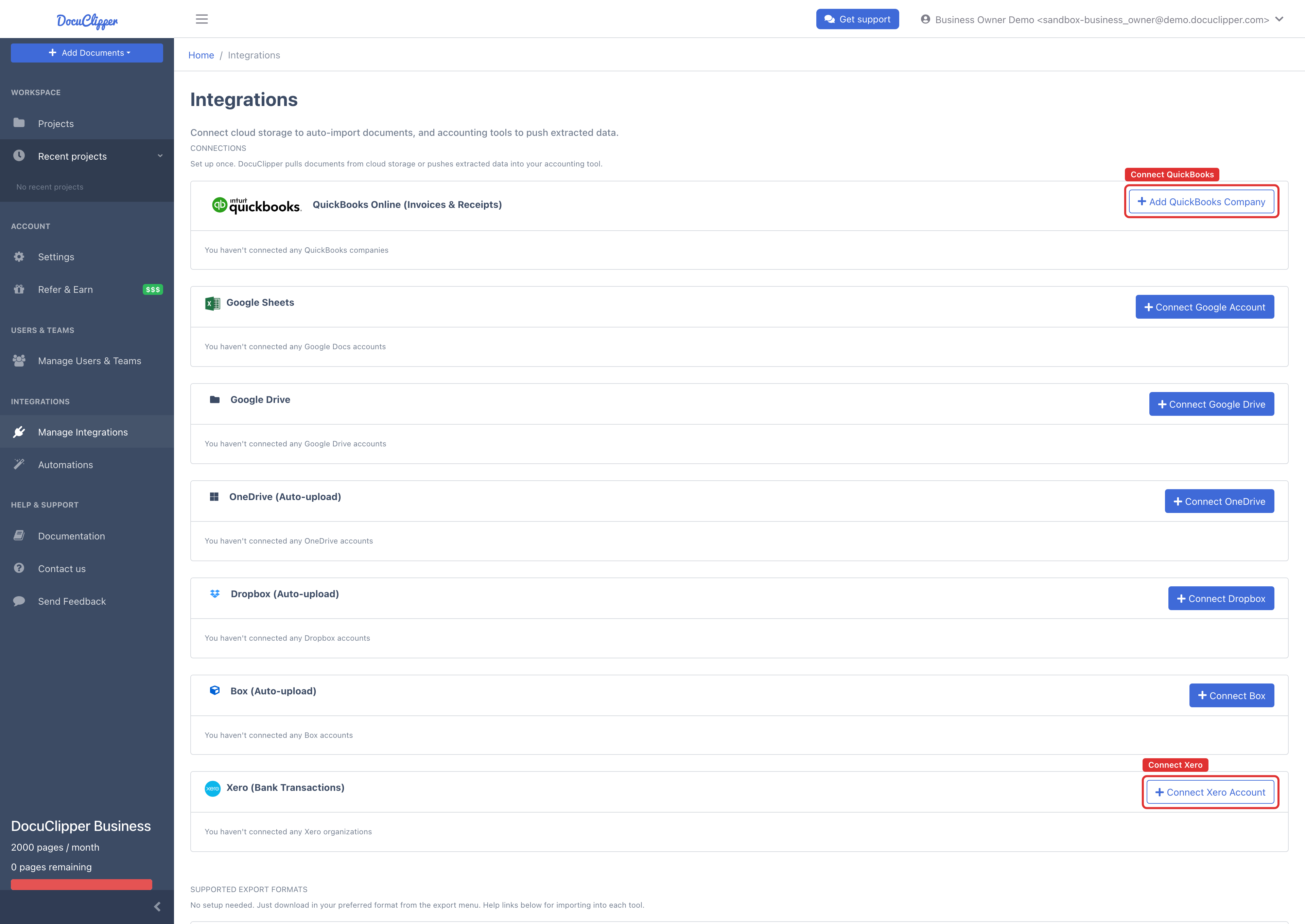 Integrations page Connections list with the Add QuickBooks Company and Connect Xero Account buttons