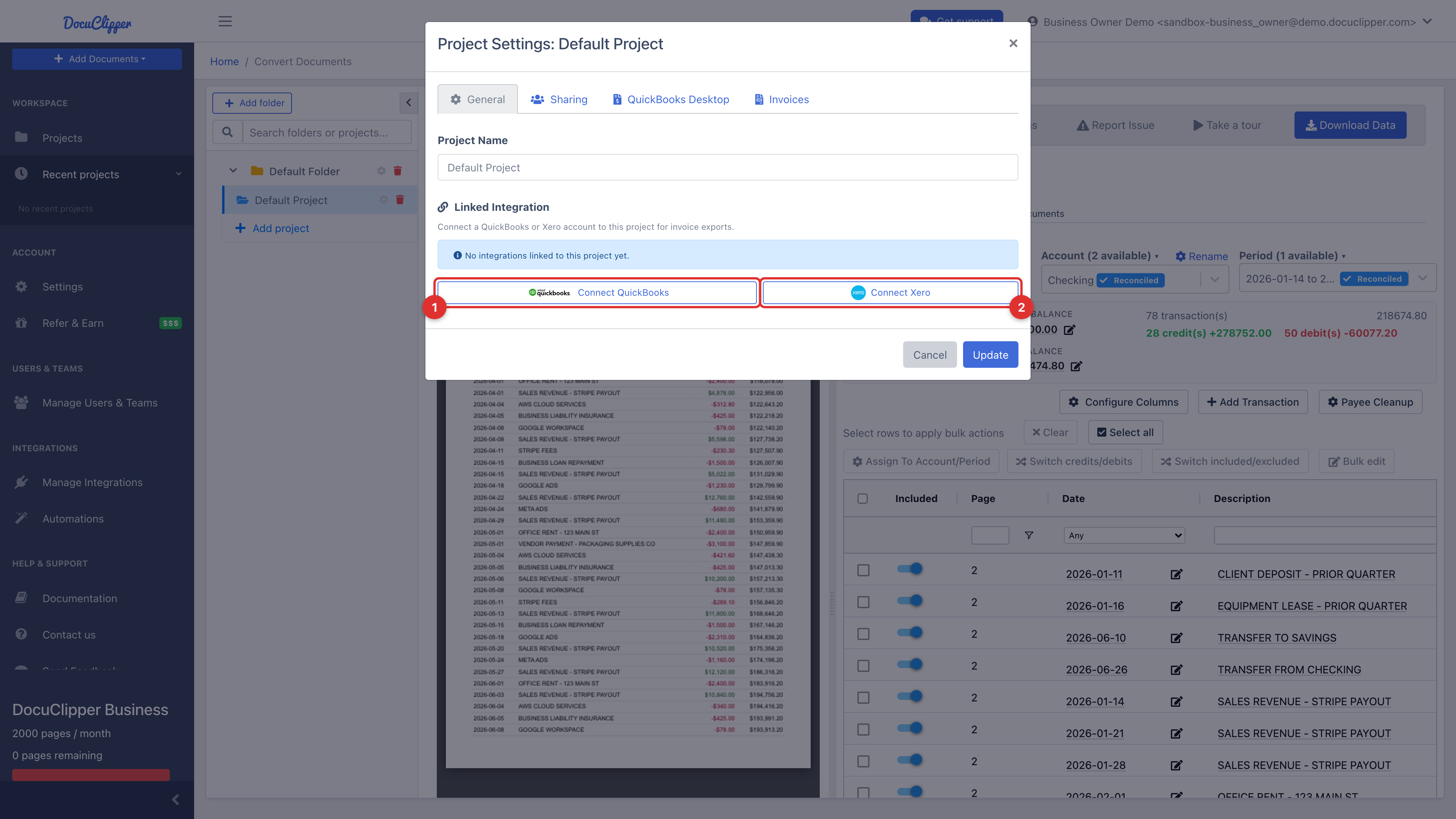 Project Settings General tab showing the Linked Integration selector with the Connect QuickBooks and Connect Xero buttons