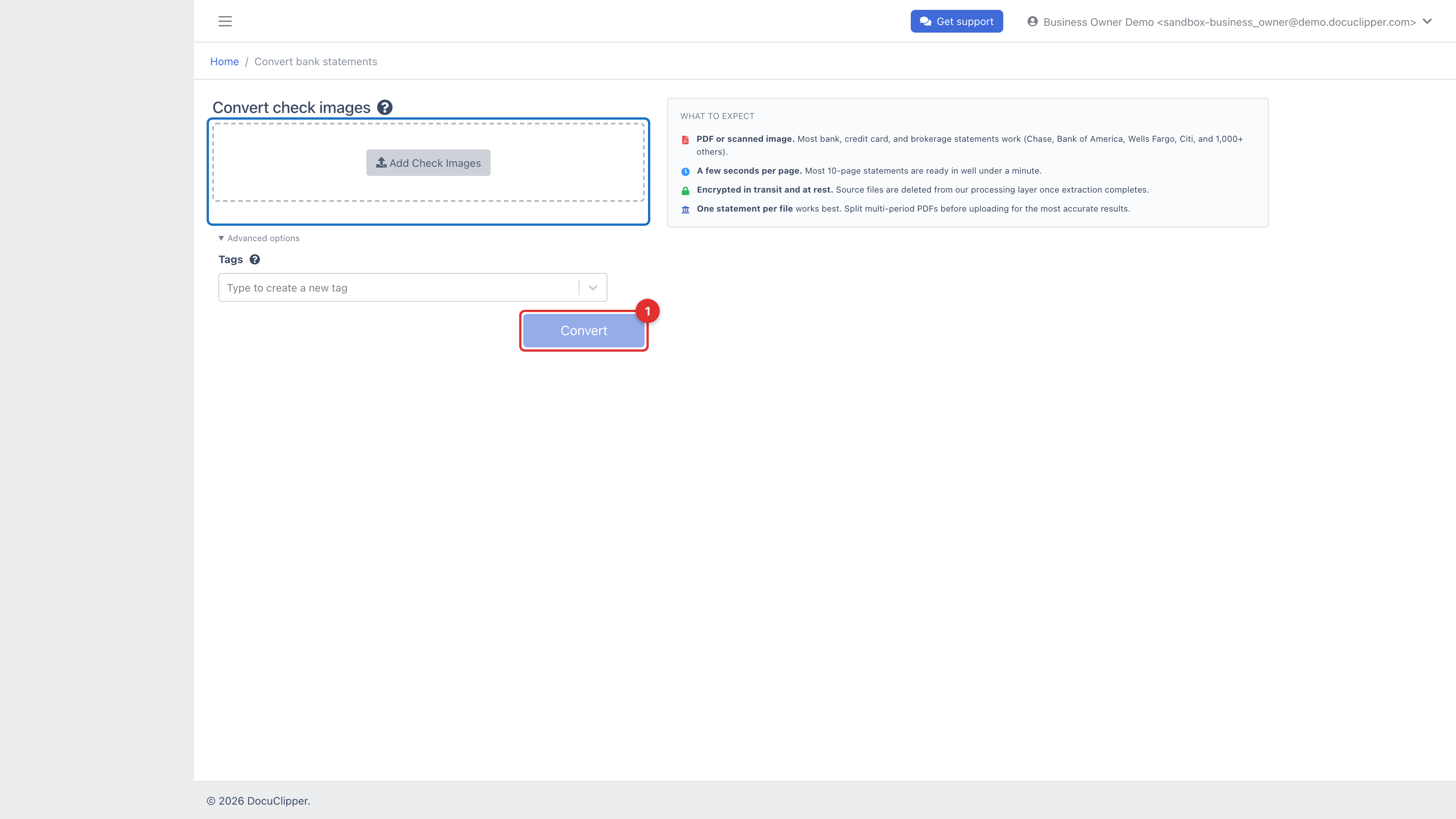 The Check Images upload screen with the drag-and-drop area, an optional tag field under Advanced options, and the Convert button