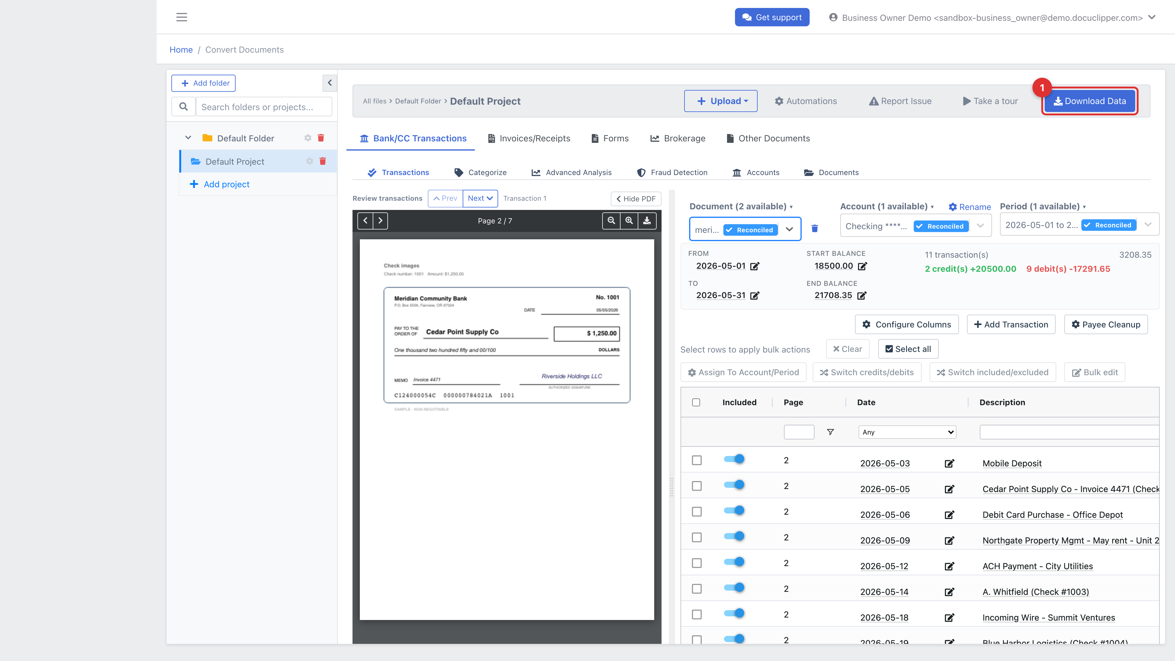 The check review table: each row shows the date, the payee and memo in the Description column, the amount, and the check number, with the extracted check image beside it and the Download Data button top-right