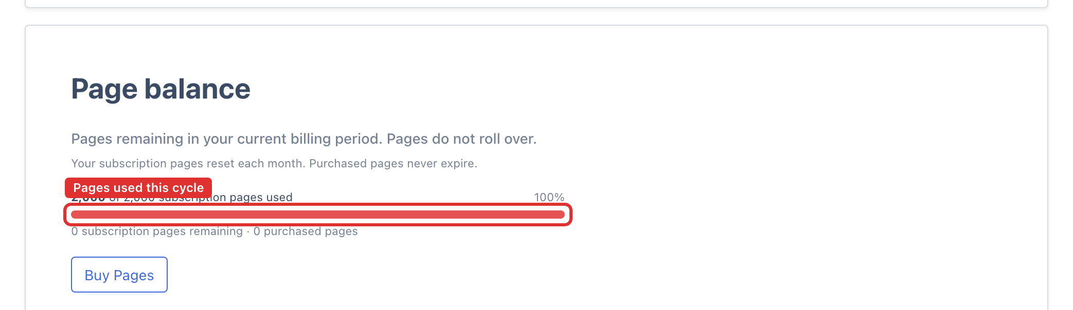 Page balance card showing the usage bar with subscription and purchased pages