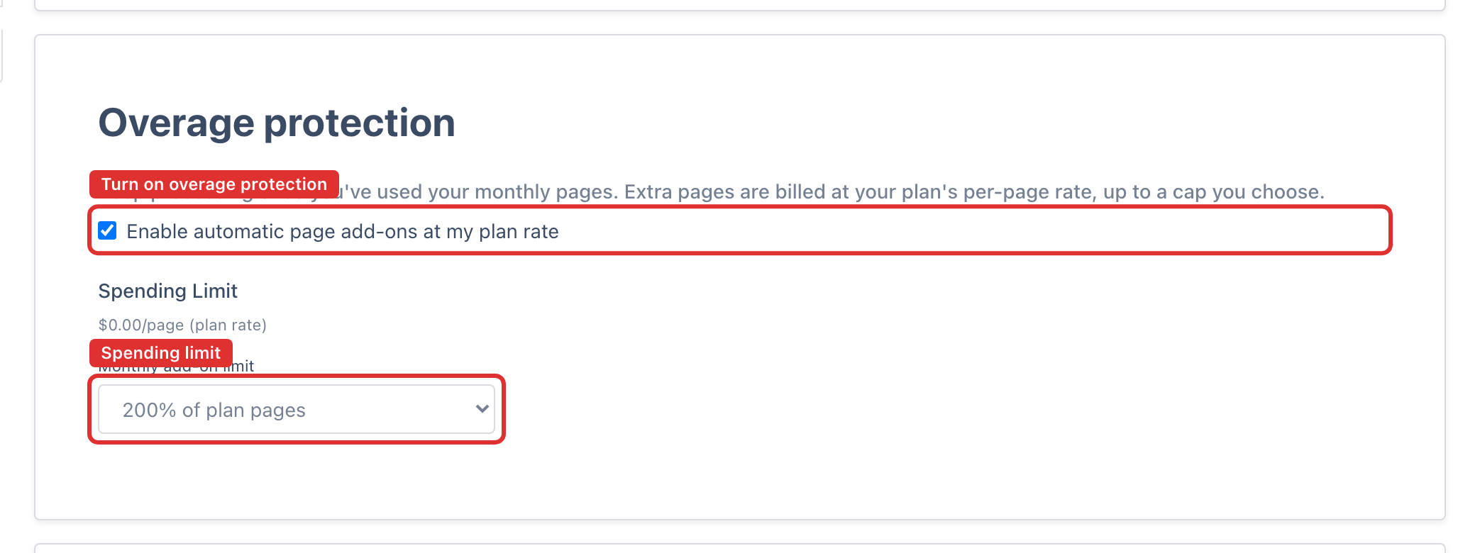 Overage protection card with the enable checkbox and the spending-limit selector