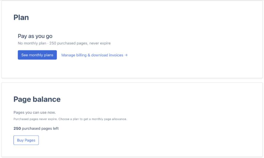 Plan & Billing with no monthly plan: the plan card reads Pay as you go, No monthly plan, 250 purchased pages, never expire, with See monthly plans and Manage billing links, and the Page balance card shows 250 purchased pages left with a Buy Pages button