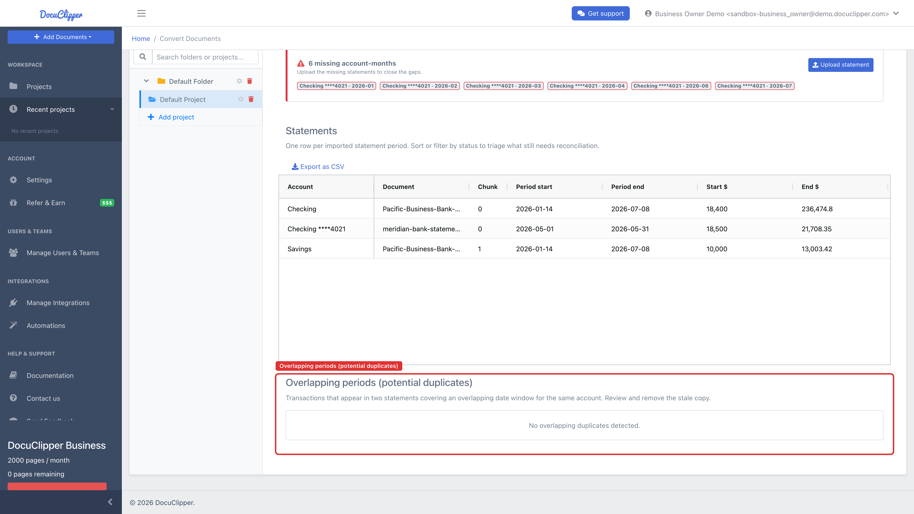 The Coverage tab's Overlapping periods (potential duplicates) section beneath the coverage grid, where overlapping statement ranges are listed for review