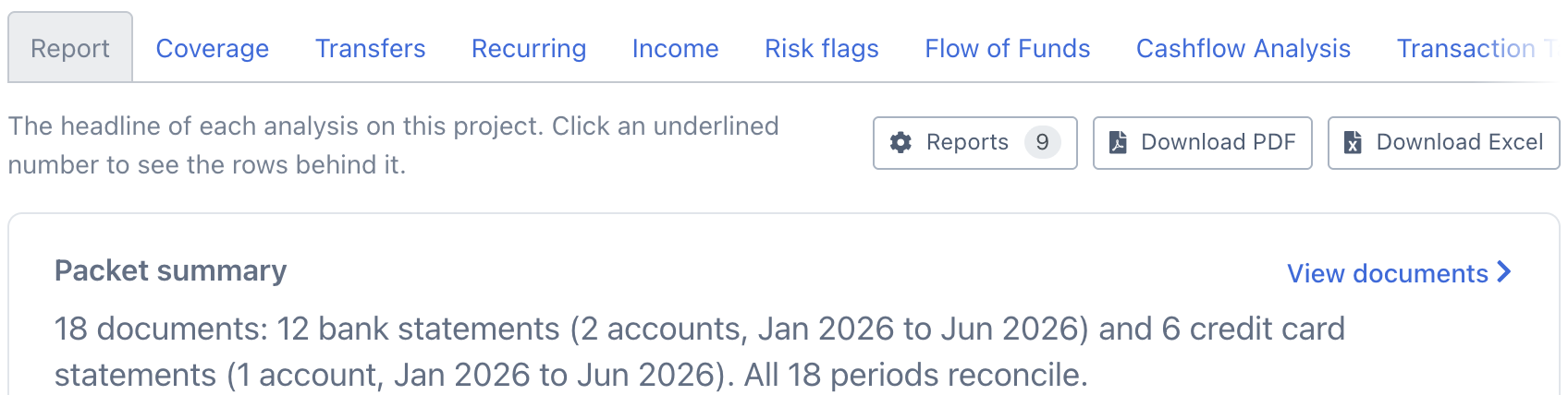 Top of the Report sub-tab: the Advanced Analysis sub-tab row with Report selected, and the Reports, Download PDF and Download Excel buttons above the start of the packet summary