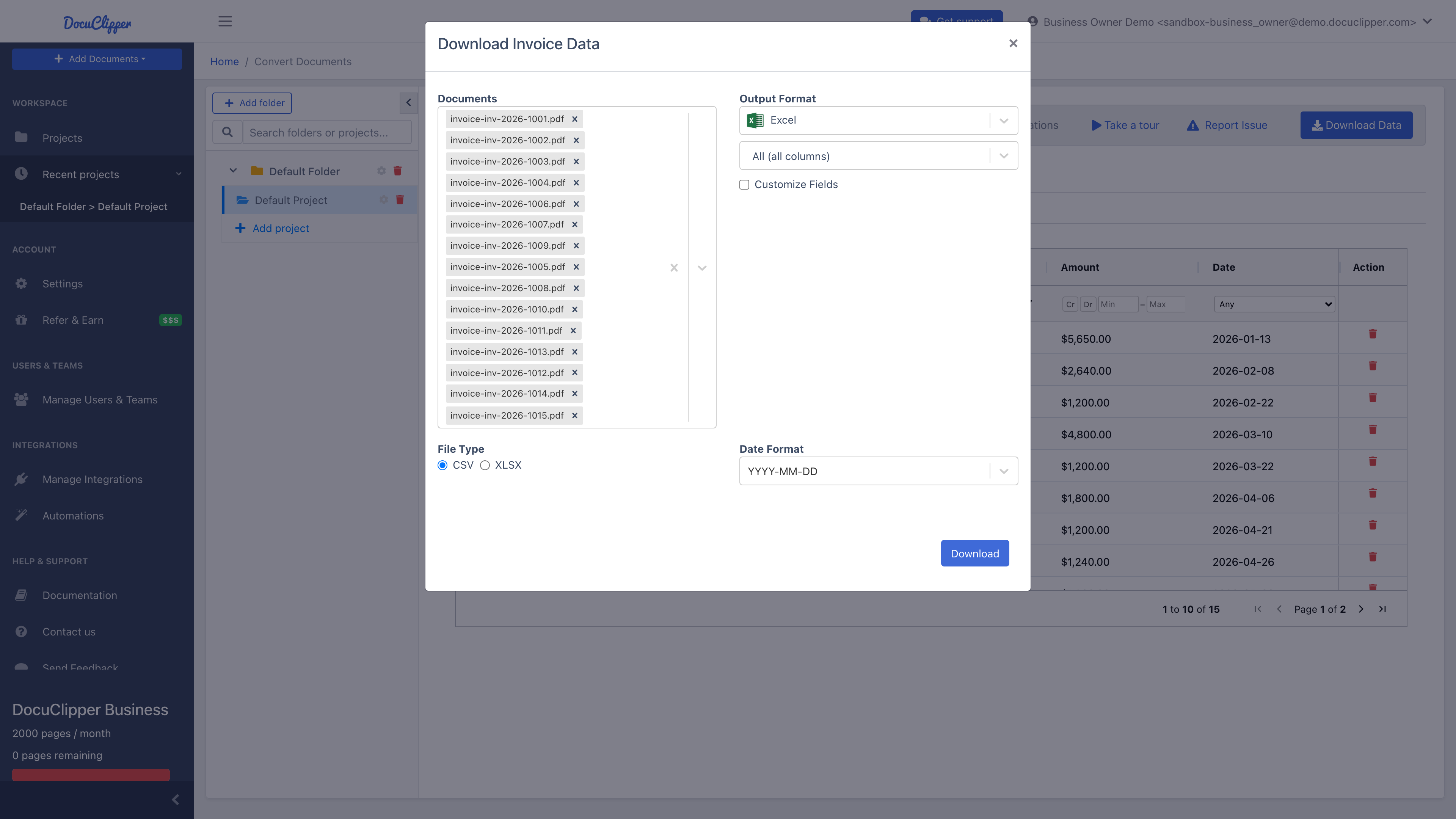 Download Invoice Data modal with the Documents and Output Format dropdowns, the CSV/XLSX File Type toggle, and the Date Format