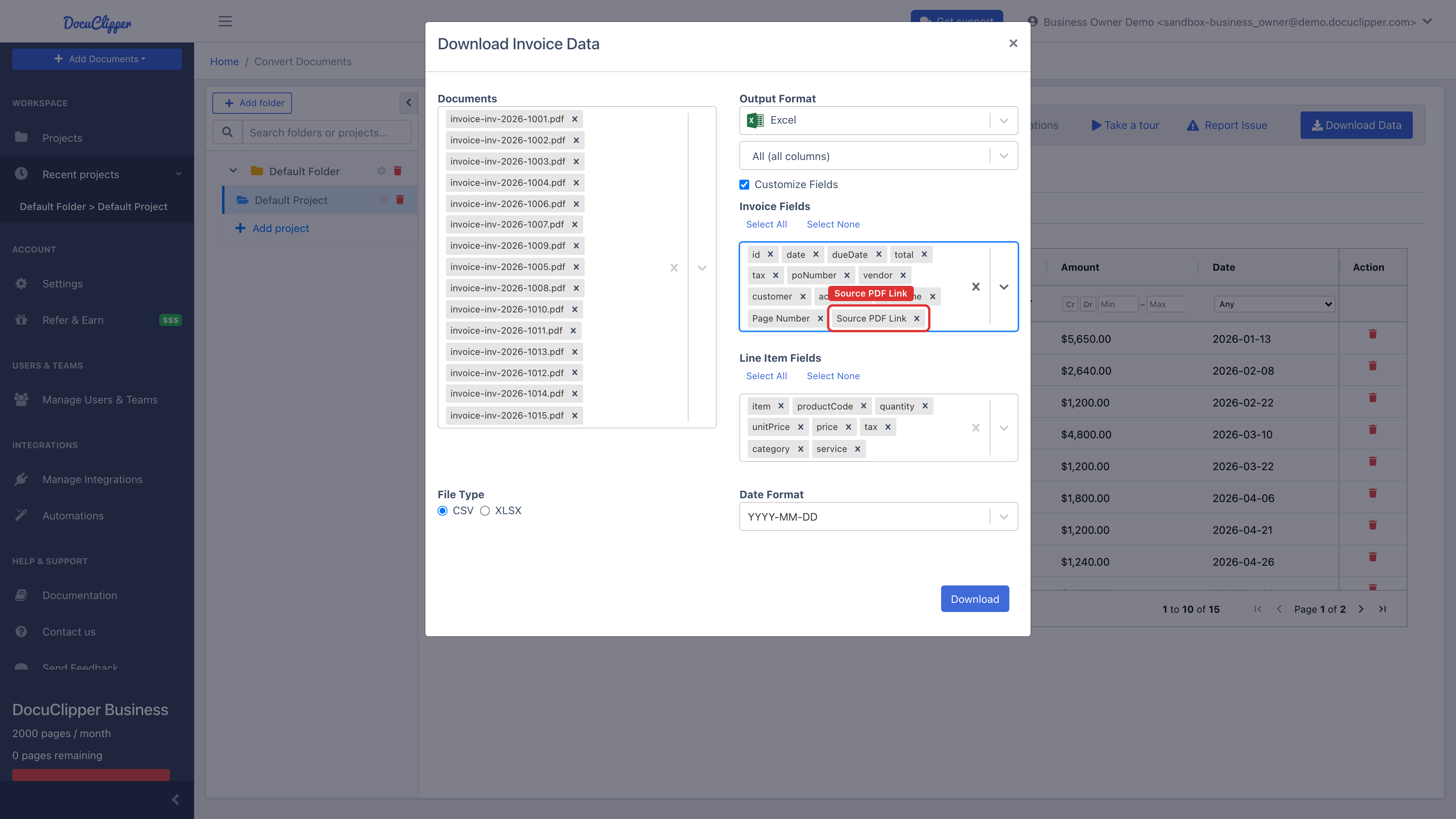 Column selector in the Download Invoice Data modal with the Source PDF Link column toggled on