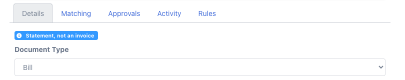 The Details tab of a supplier statement uploaded as an invoice, with the blue "Statement, not an invoice" badge above the Document Type field