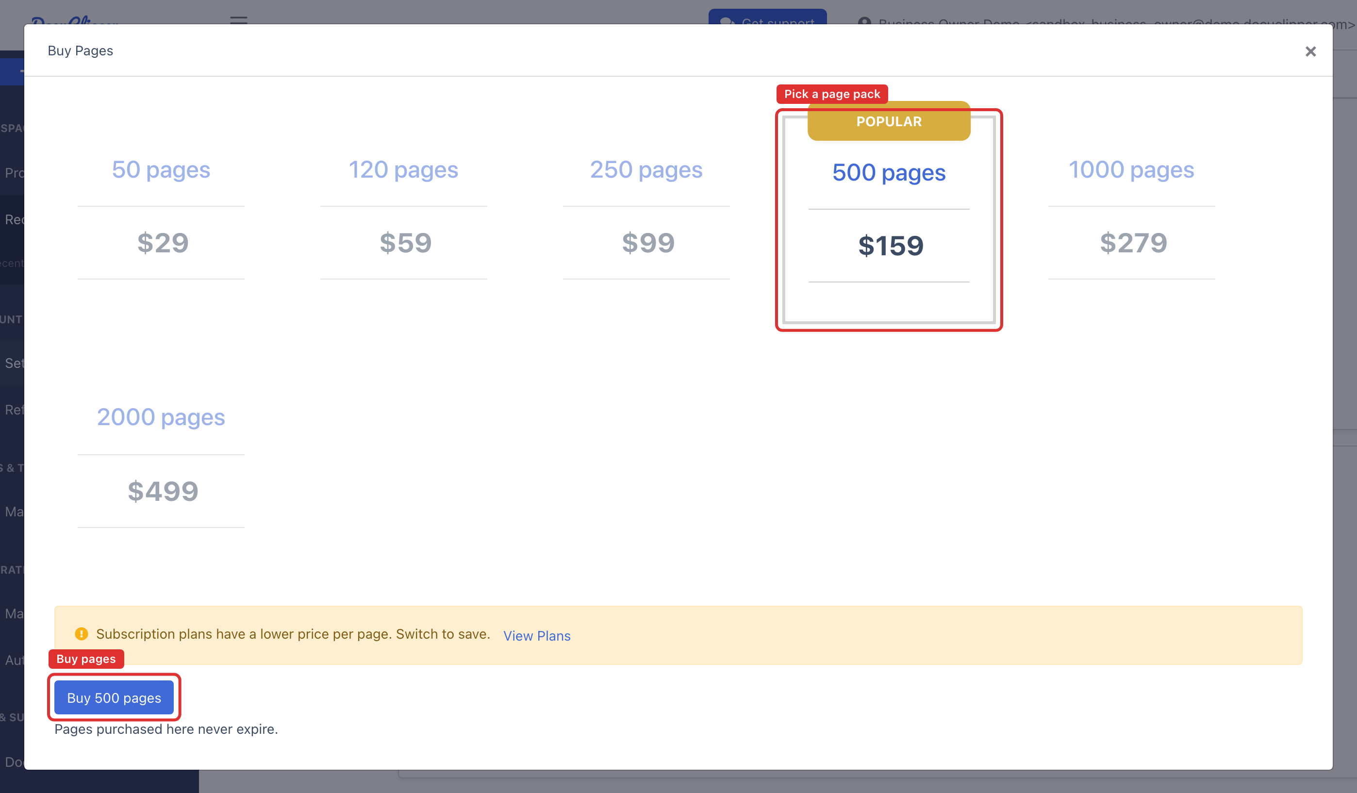 Buy Pages modal showing the selectable page packs and the Buy pages button