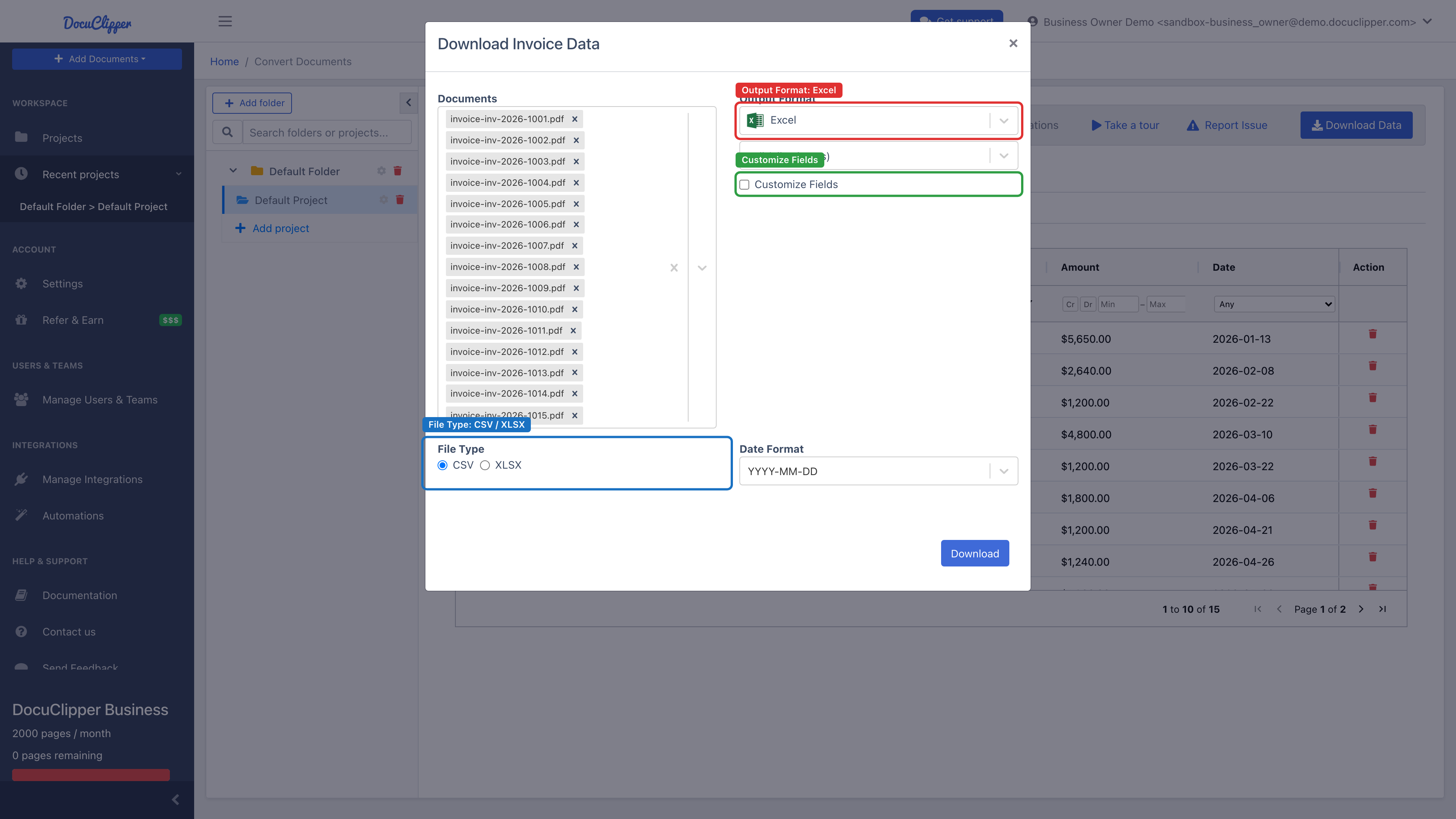 Download Invoice Data modal in Excel mode, showing the Output Format set to Excel, the CSV/XLSX File Type radio, and the Customize Fields option