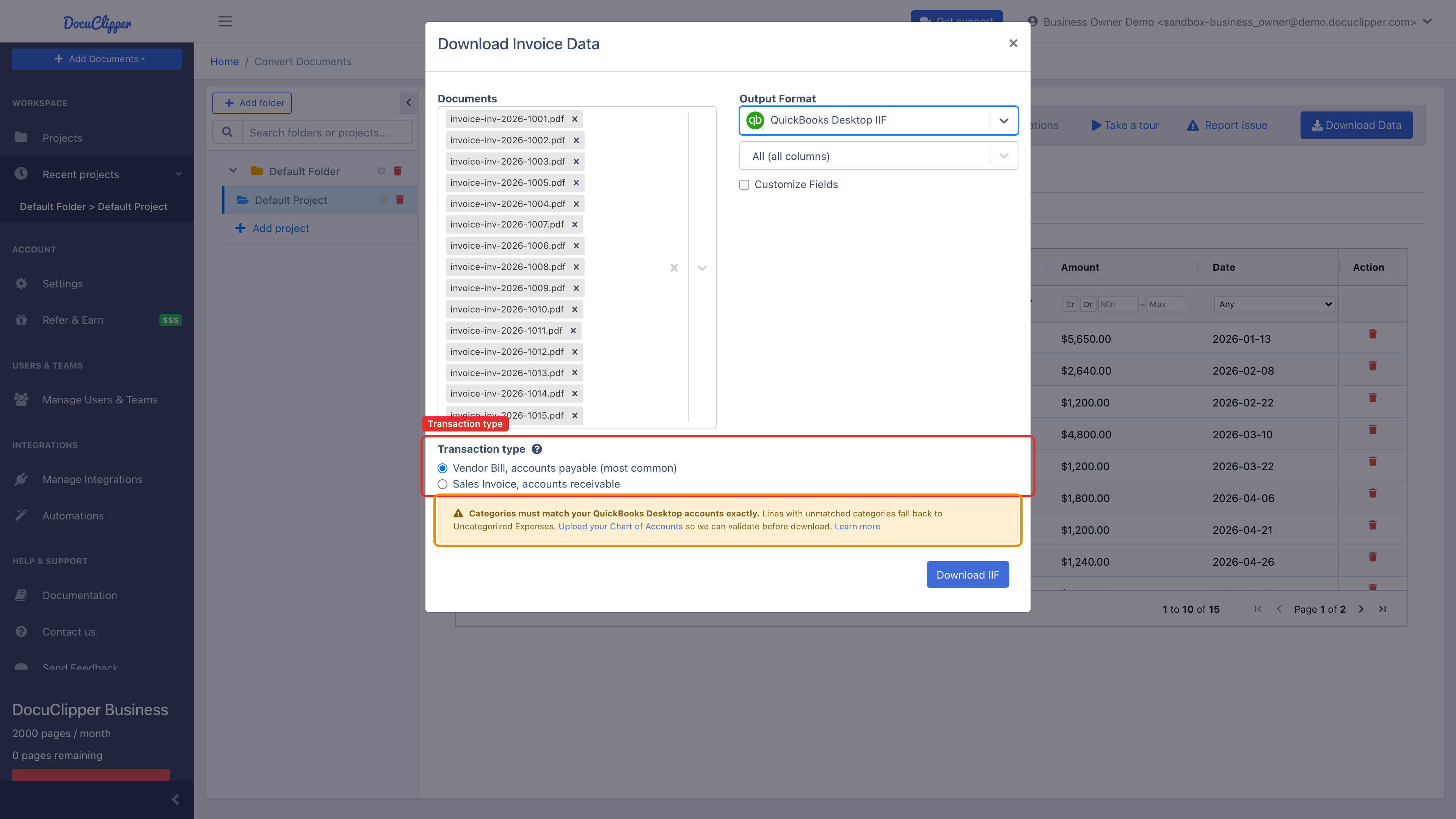 Download Invoice Data modal set to QuickBooks Desktop IIF, showing the Vendor Bill / Sales Invoice Transaction type radio and the Chart of Accounts validation banner