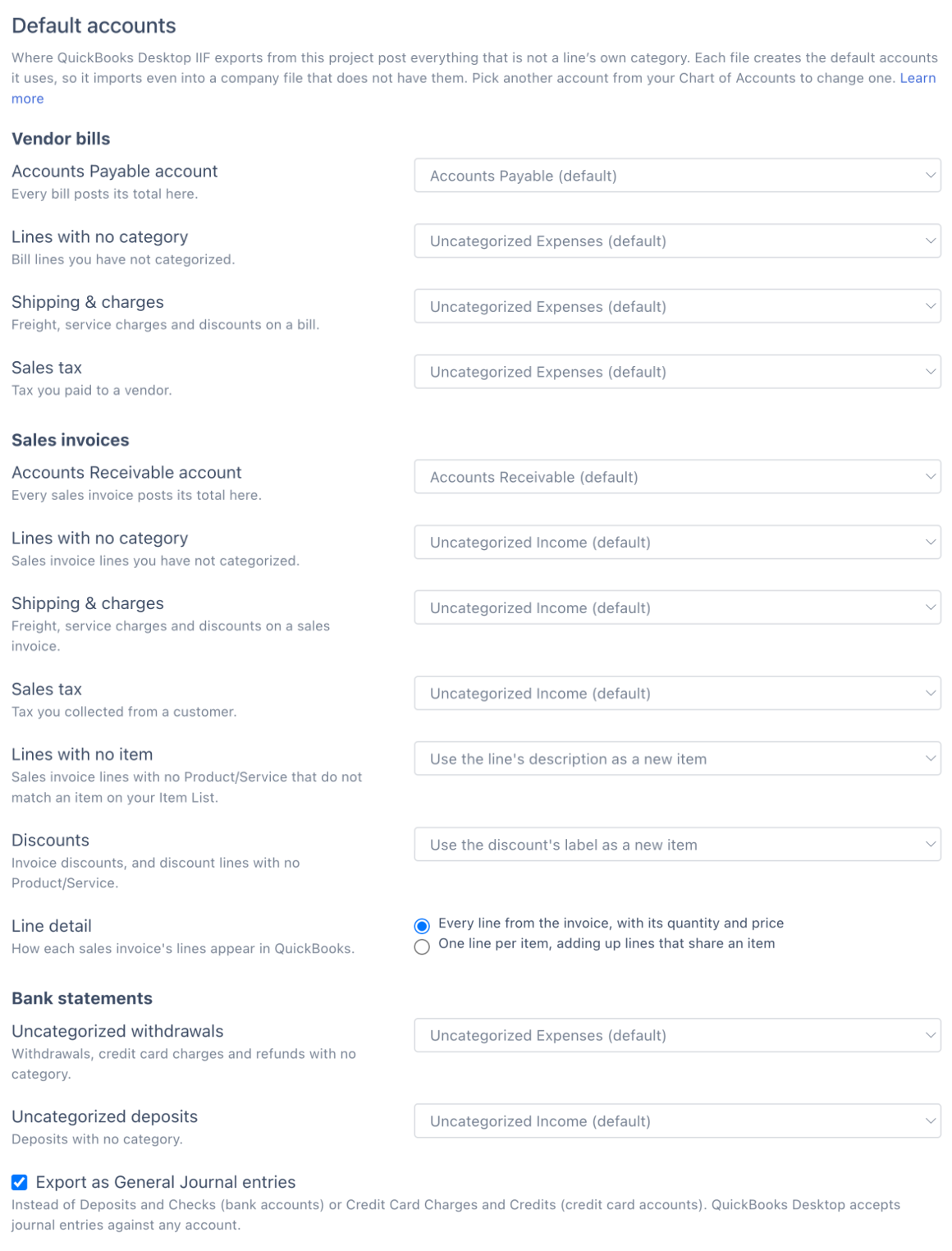 Default accounts section in Project Settings, QuickBooks Desktop tab, grouped into Vendor bills, Sales invoices, and Bank statements. Each account row has a dropdown showing its default, such as Accounts Payable (default) or Uncategorized Expenses (default); Sales invoices also has Lines with no item, Discounts and Line detail, and Bank statements ends with the Export as General Journal entries checkbox, ticked