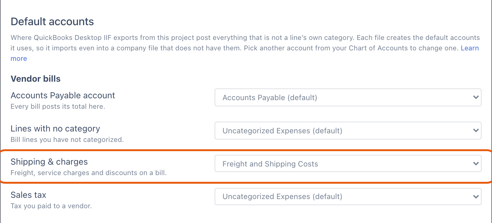 Default accounts in Project Settings, Vendor bills group: Shipping & charges set to Freight and Shipping Costs, while Accounts Payable account, Lines with no category, and Sales tax stay on their defaults