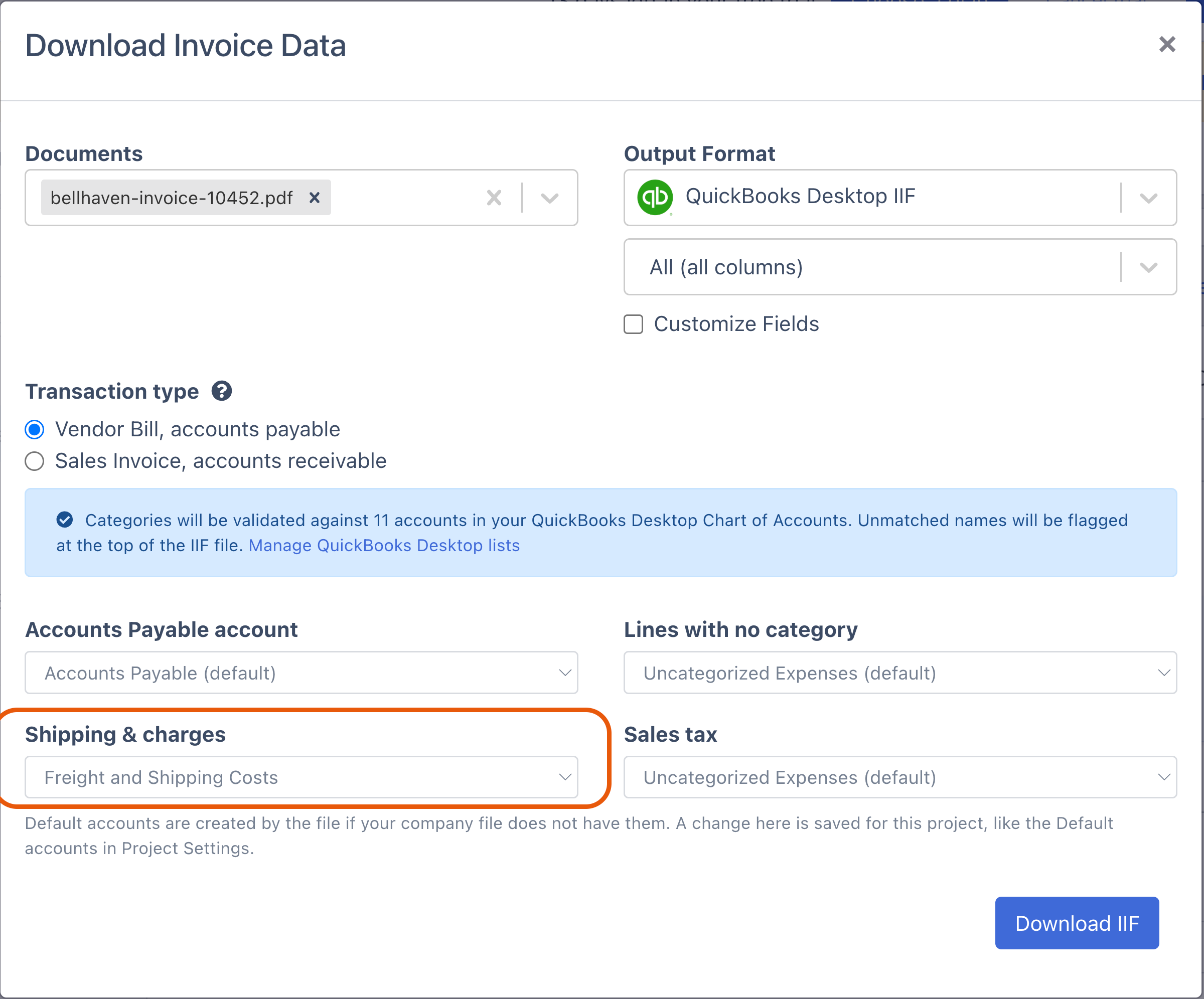 Download Invoice Data dialog set to QuickBooks Desktop IIF and Vendor Bill, accounts payable, with Shipping & charges set to Freight and Shipping Costs and highlighted