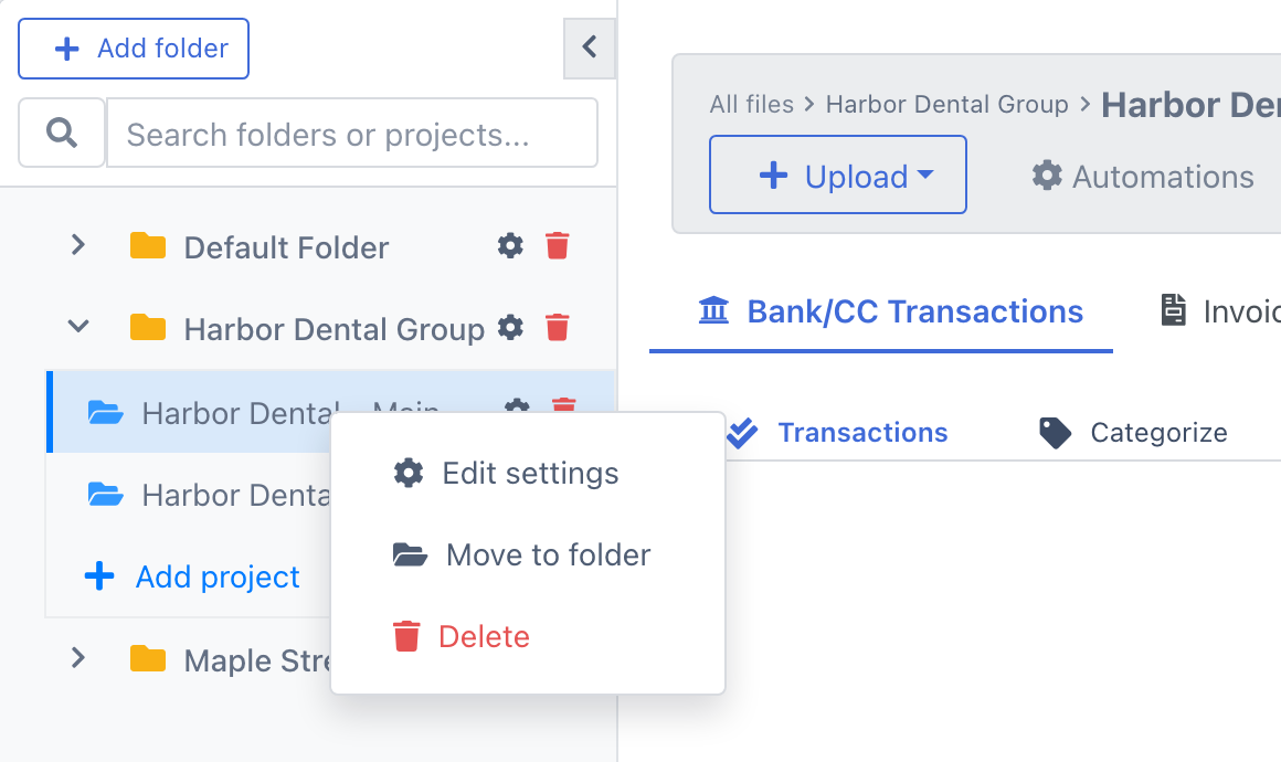 Project tree with the right-click menu open on the project Harbor Dental - Main Office, showing Edit settings, Move to folder, and Delete