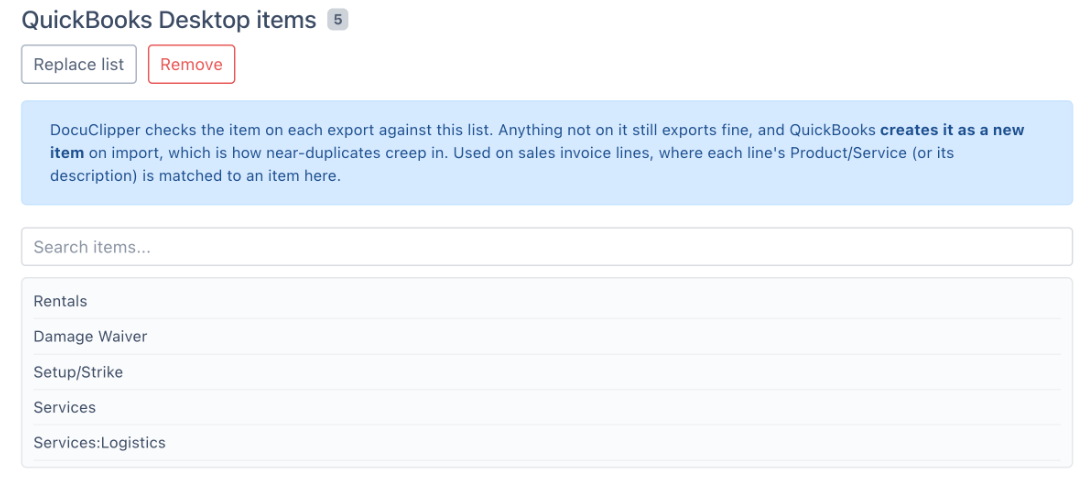 The QuickBooks Desktop items section of the QuickBooks Desktop tab in Project Settings, with a count badge of 5, Replace list and Remove buttons, the note that an item not on the list is created as a new item on import and that each sales invoice line's Product/Service or description is matched to an item here, a search box, and the items Rentals, Damage Waiver, Setup/Strike, Services and Services:Logistics