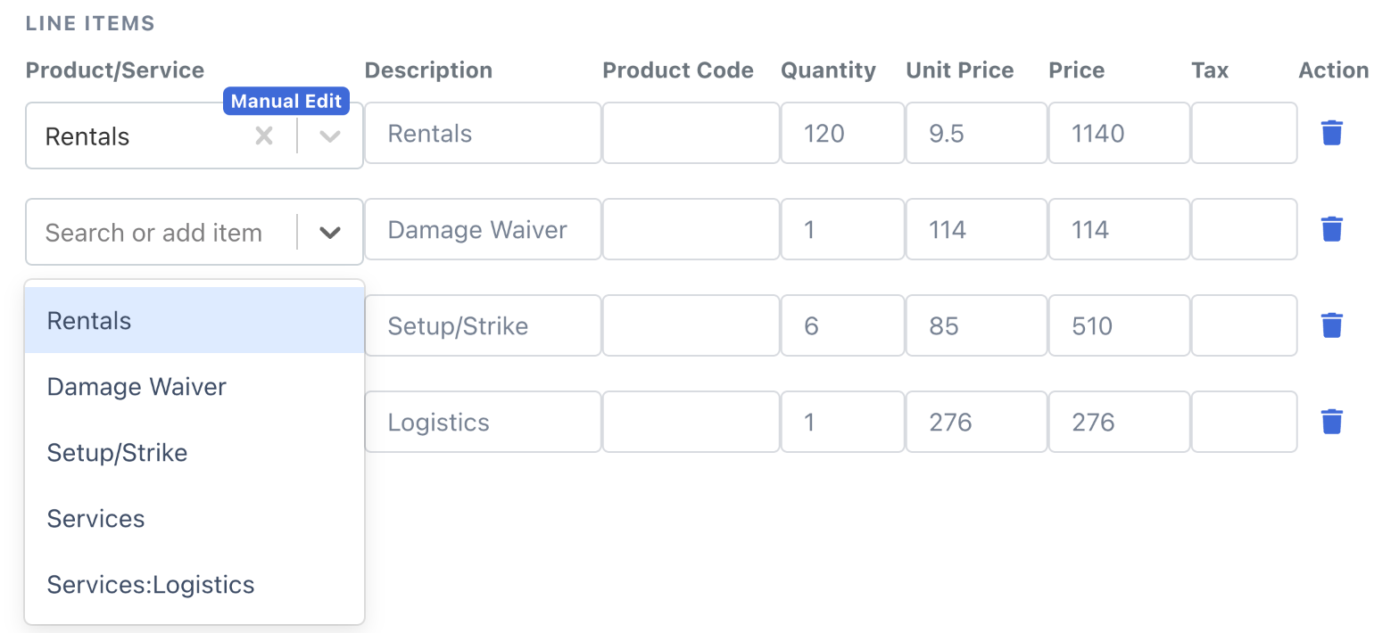 The Line Items table of a sales invoice in the invoice editor, with every column from Product/Service to Action in view. The first line's Product/Service is set to Rentals and tagged Manual Edit, and the second line's Product/Service dropdown, showing Search or add item, is open on the imported items Rentals, Damage Waiver, Setup/Strike, Services and Services:Logistics