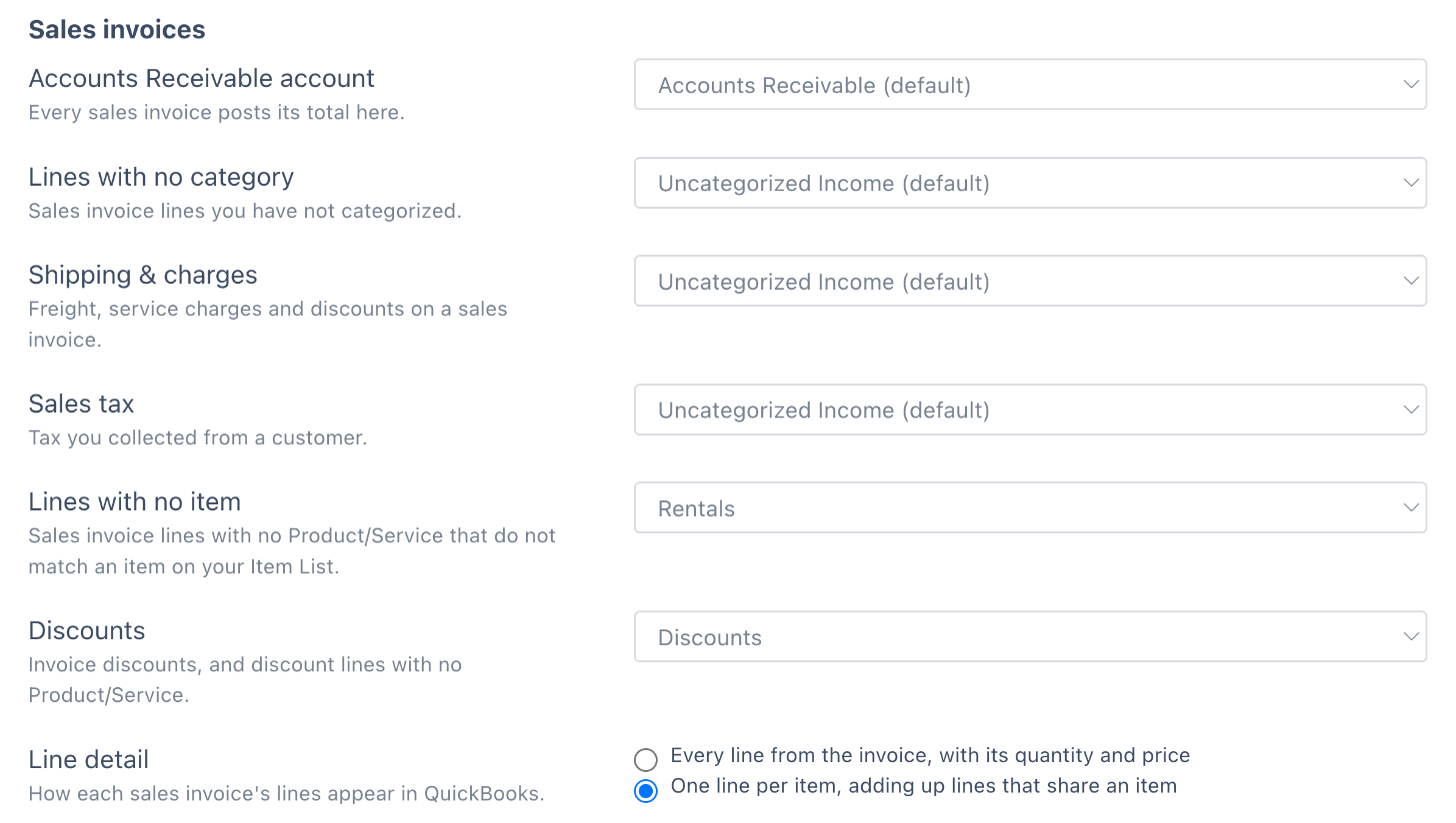 The Sales invoices group of Default accounts in Project Settings, QuickBooks Desktop tab: Accounts Receivable account, Lines with no category, Shipping & charges and Sales tax on their defaults, then Lines with no item set to Rentals, Discounts set to Discounts, and Line detail set to One line per item, adding up lines that share an item