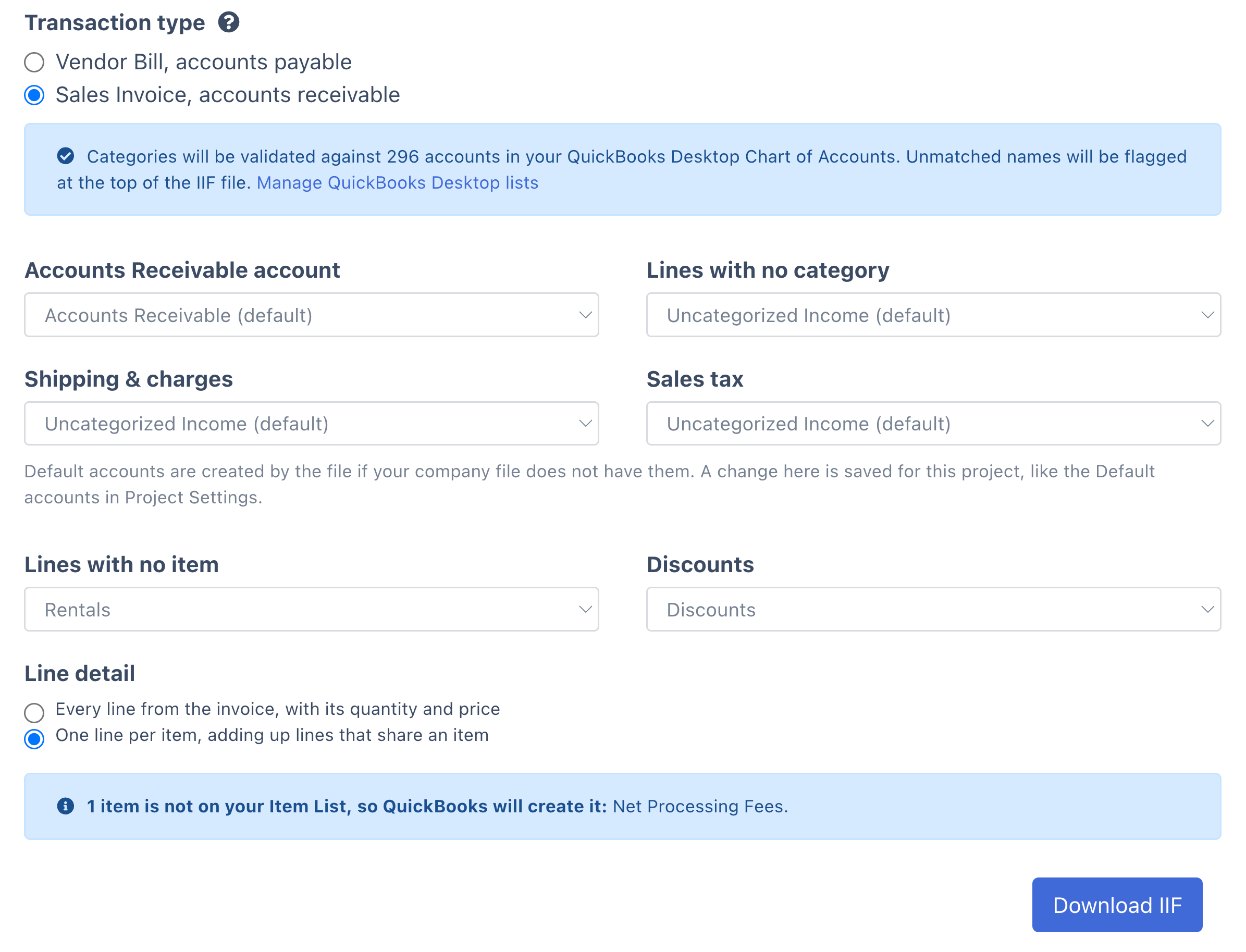 Download Invoice Data dialog set to QuickBooks Desktop IIF and Sales Invoice, accounts receivable, with the account pickers on their defaults, Lines with no item set to Rentals, Discounts set to Discounts, Line detail set to one line per item, and a note naming the one item the file will create because it is not on the Item List