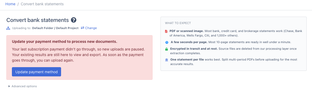 The upload page while a payment is due: "Update your payment method to process new documents", with an Update payment method button