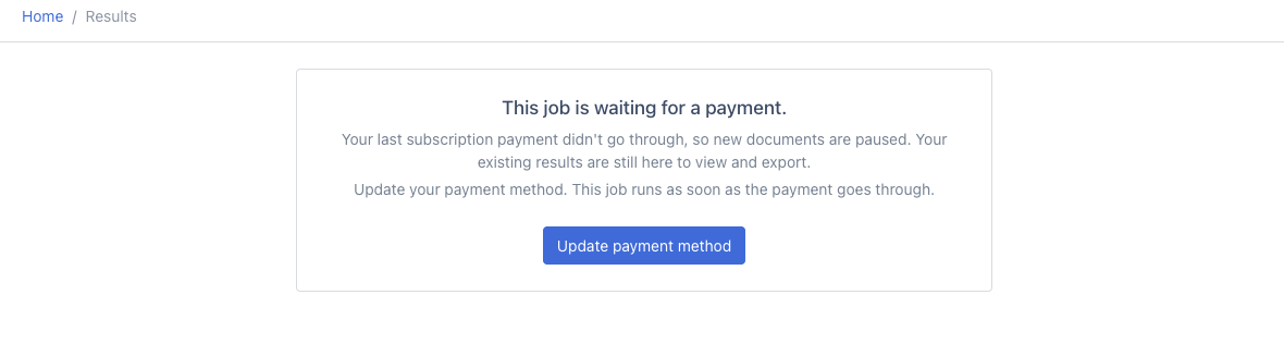 A job waiting for a payment: "This job is waiting for a payment", with an Update payment method button